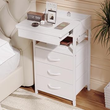 Lazzanto Nightstand with Lockable Hidden Compartment, 3 Drawers, White | Sliding Top Storage, 3 Fabric Drawers, Charging Station, 2 AC Outlets & 1 USB-A & 1 USB-C Port, Dorm, Bedroom, Living Room