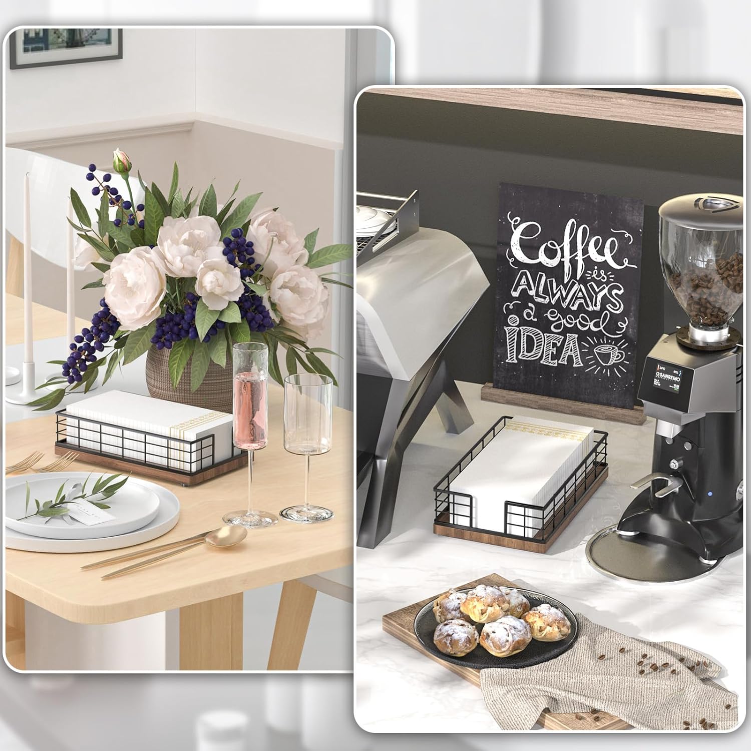 Wican Guest Towel Holder Tray for Bathroom, Oak and Iron Napkins Holder for Powder Room Dinning Table Wooden Basket for Disposable Paper Hand Towels Black & Walnut - Image 3