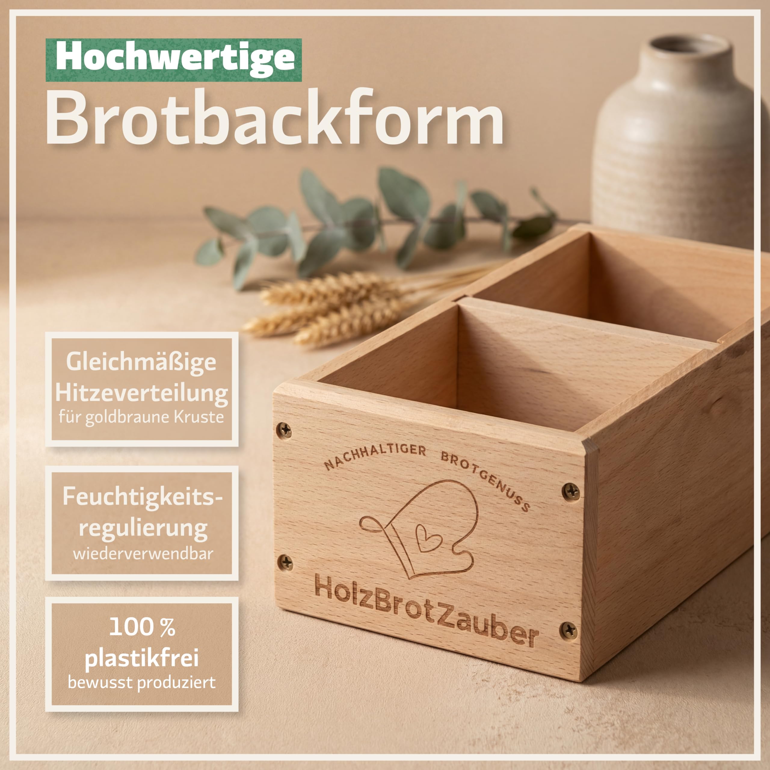 BAMBUNA Holzbackform HolzBrotZauber | Brotbackform aus Buchenholz | naturbelassen | Trennsteg | 1500g Volumen | 30x15x10cm | ofenfest bis 220°C | handwaschbar | inkl. Rezept E-Book | Geschenkbox