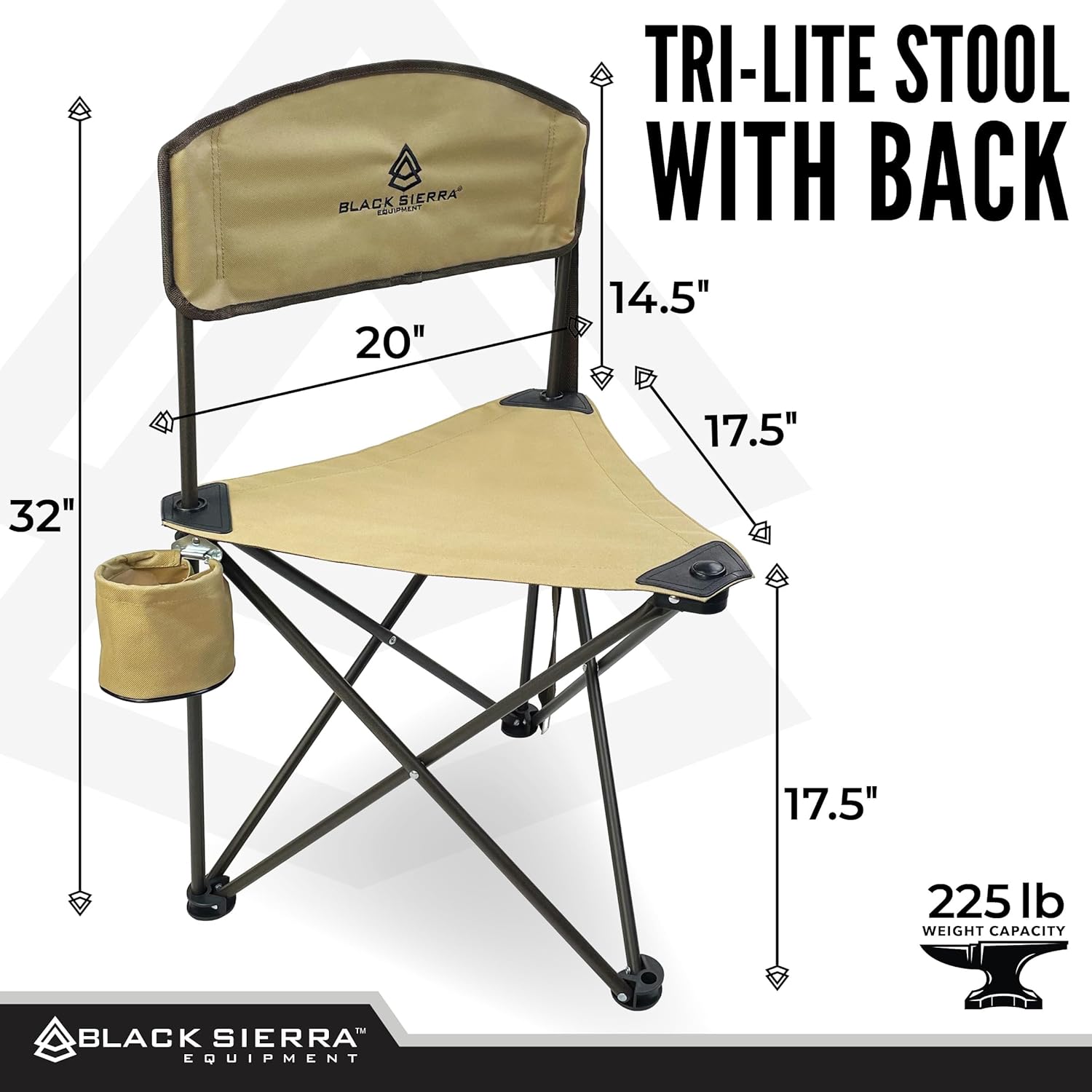 Black Sierra Tri-Lite Stool with Back Lightweight, Folding Chair, for in the Hunting Blind, Camping, and Fishing, Steel Frame Supports 225 LBS