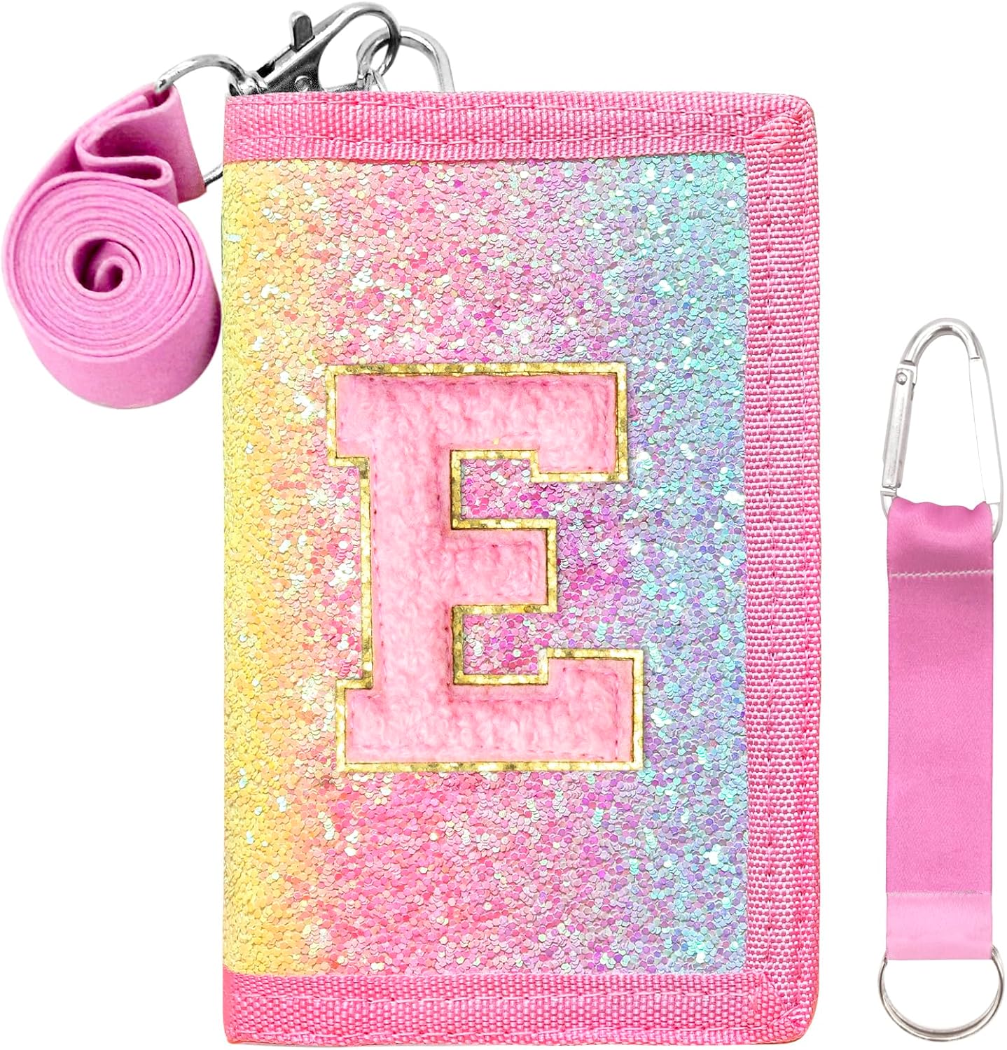 Girls Wallet for Kids Initial Glitter Wallets Trifold with Zipper and Card Slots Including Neck Lanyard and Hanging Strap, Vertical Rainbow, E