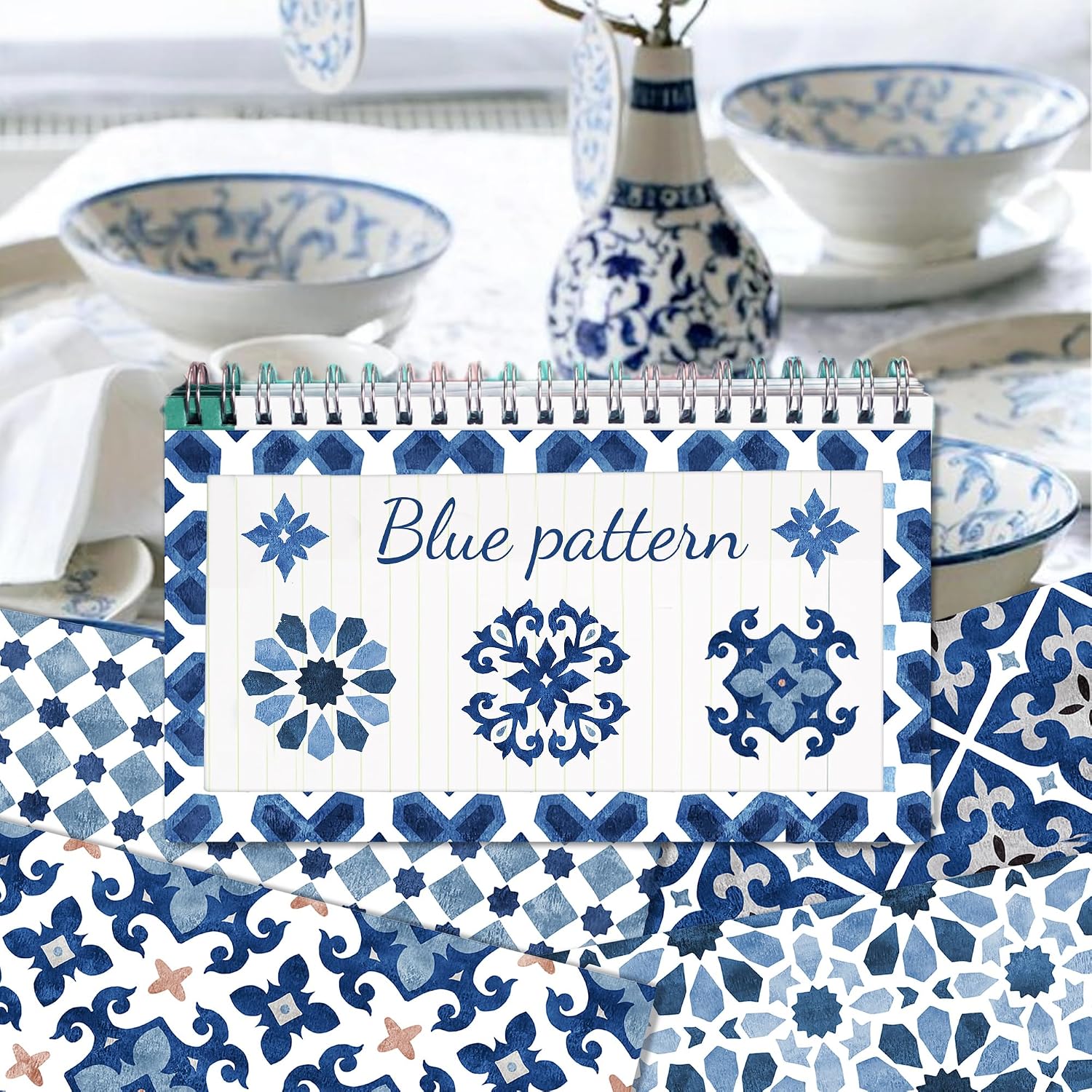24 Sheets Vintage Mandala Scrapbook Paper 12'' x 12'' Blue Geometric, Moroccan Tile, Mediterranean Arabic Tilework Pattern Double Sided Decorative Sheets for DIY, Collage, Decoupage, Cardmaking
