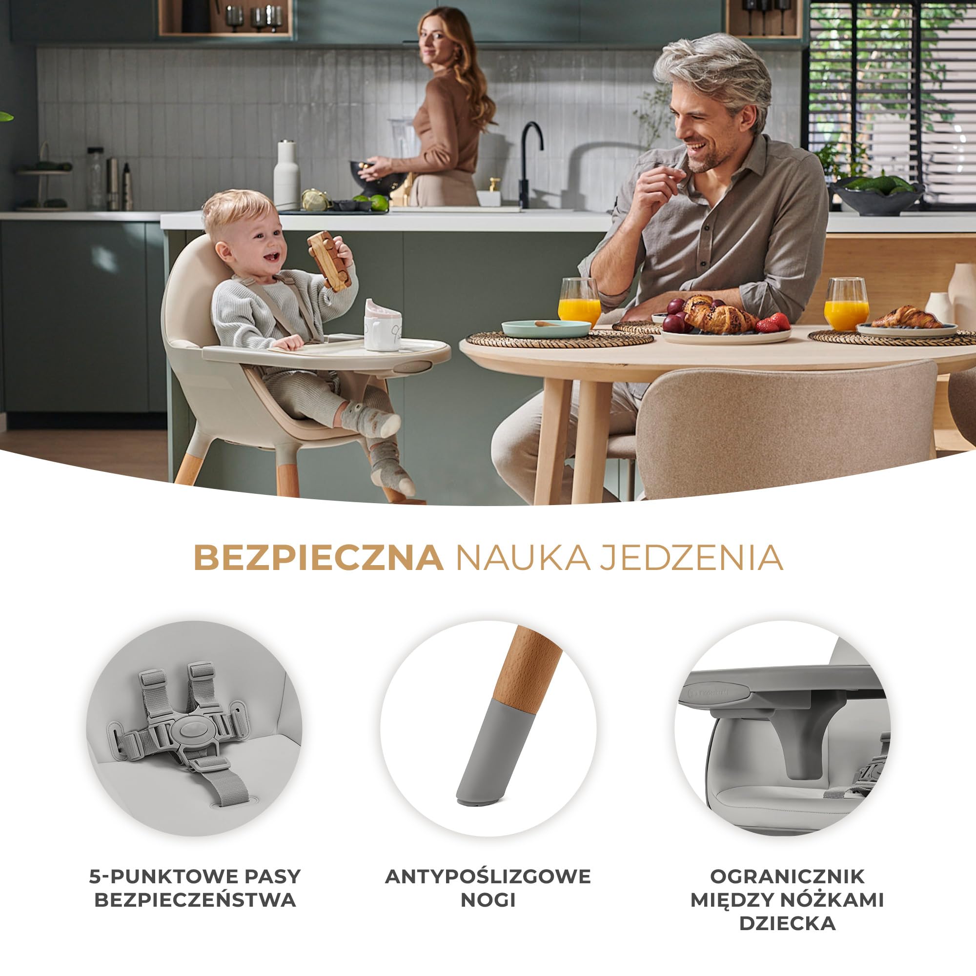 Kinderkraft Krzesełko do karmienia FINI2 2w1, Krzesło dla starszaka, Regulowana zdejmowana tacka, Drewniane antypoślizgowe nożki, 5-Punktowe pasy bezpieczeństwa, Łatwy w czyszczeniu, Szary