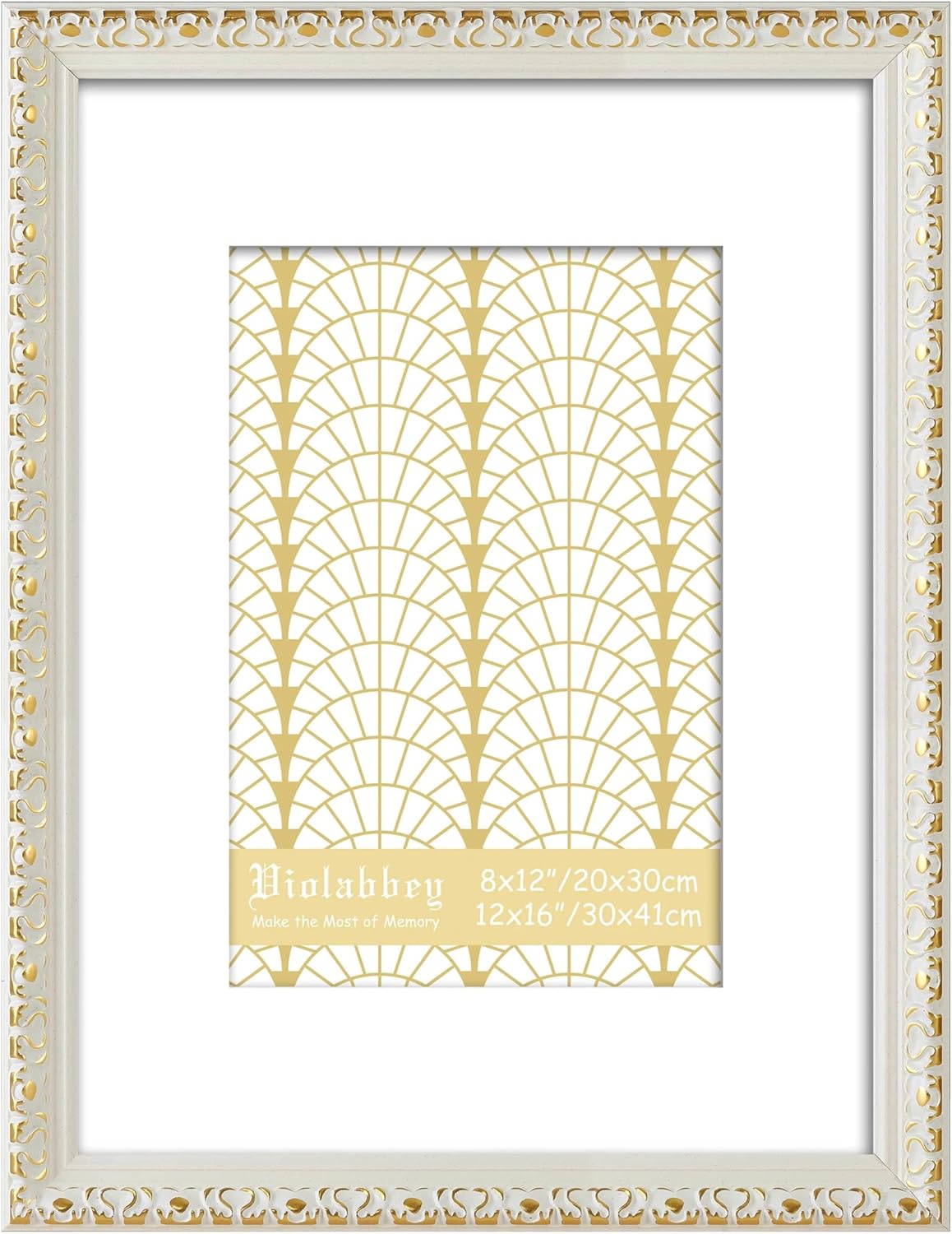 VIOLABBEY 12x16 Picture Frame White Gold, Display 8x12 Picture with Mat or 12x16 without Mat, Ornate Vintage 12 x 16 White Gold Frame for Wall Decor or Tabletop Display