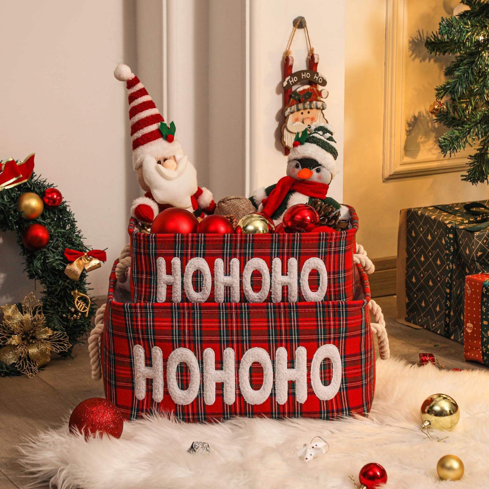 Canastas de Navidad, caja de adornos de granja, contenedores de almacenamiento de lona, organizador de almacenamiento de vacaciones, cesta de Navidad para regalos, cestas de Navidad vacías para