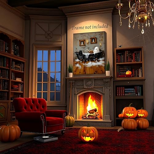 Miniatura 6 de HUYKON Divertido arte para pared de baño de fantasmas y gatos negros de Halloween, bonito póster de libro de lectura de burbujas espeluznantes,