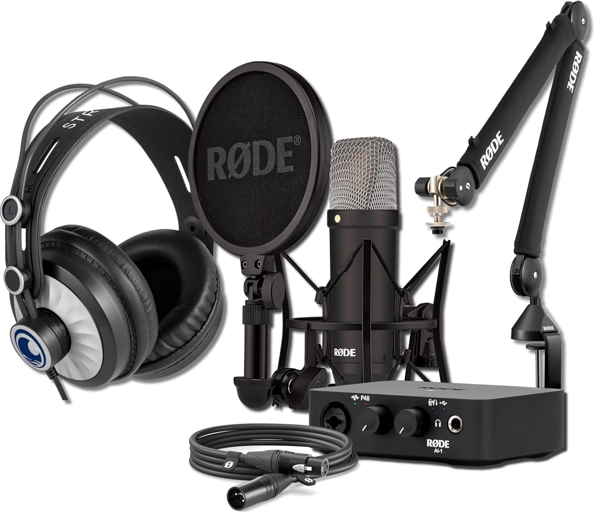 Rode NT1 Signature Black Condenser Bundle with Ai-1 USB-C Interface, PSA1+ Silent Boom Arm, and Cans50 Studio Headphones — 4 dBA JFET XLR Studio Mic for Vocal Tracking, Singing, Voice Over, Podcasting