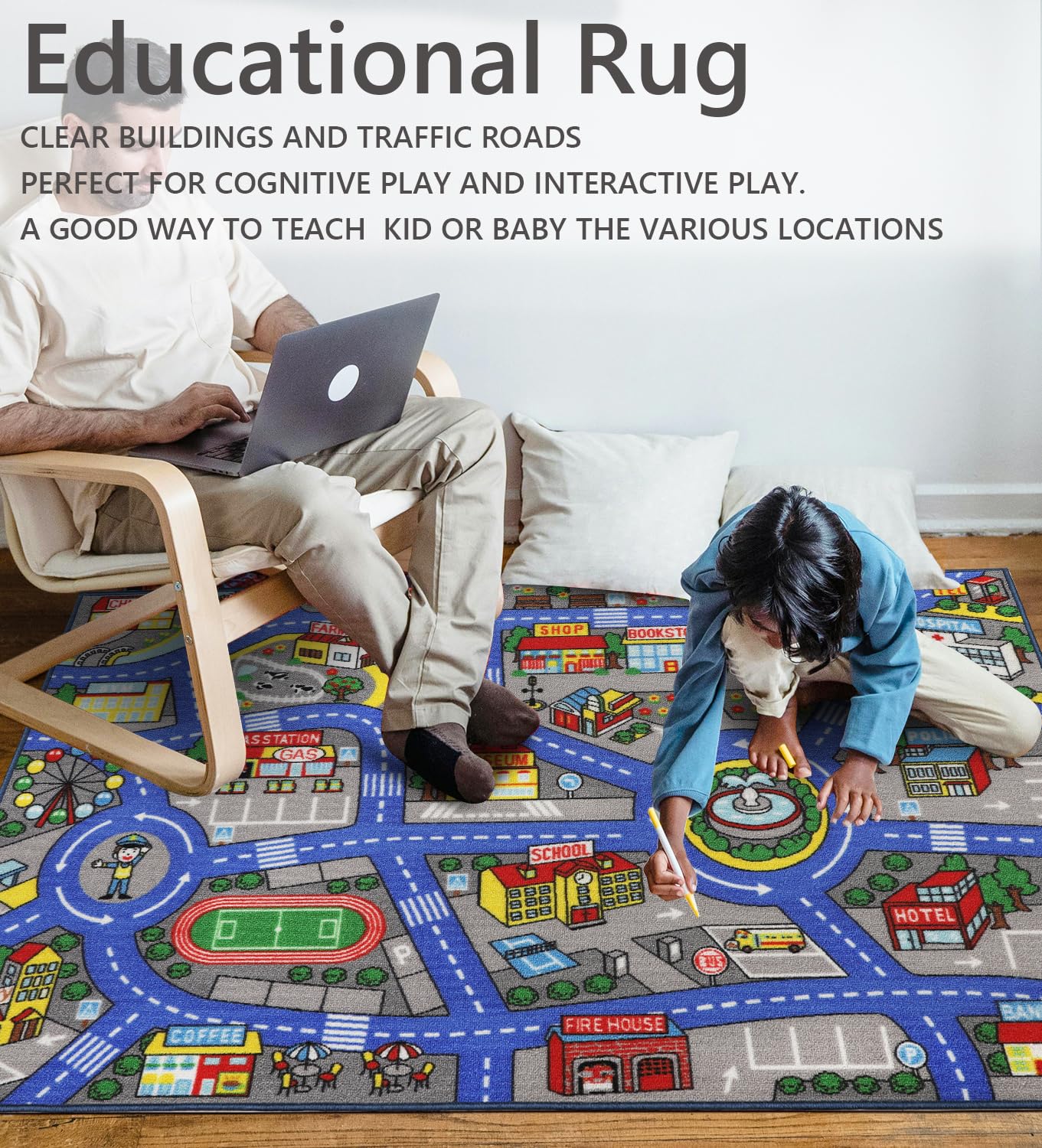 Capslpad Autoteppich Kinder 100x160cm rutschfest Kinderteppich Stadtplan Interaktiver Spielteppich Waschbar Kreativ Pädagogisch Spielmatte für Kinder Teenager Kinderzimmer Spielzimmer Dekor, Blau