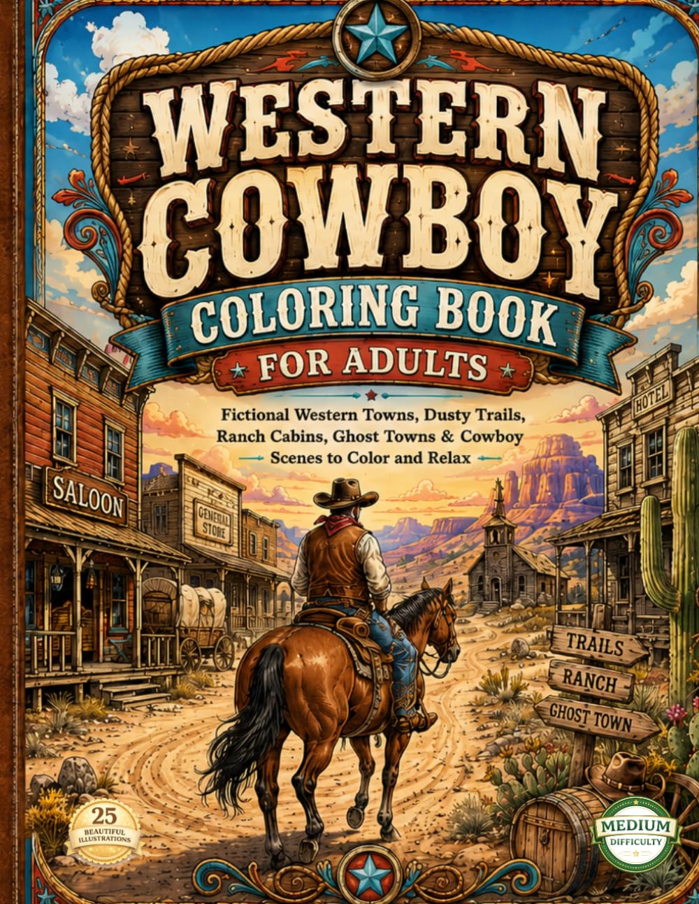 WESTERN COWBOY COLORING BOOK FOR ADULTS: Fictional Western Towns, Dusty Trails, Ranch Cabins, Ghost Towns & Cowboy Scenes to Color and Relax