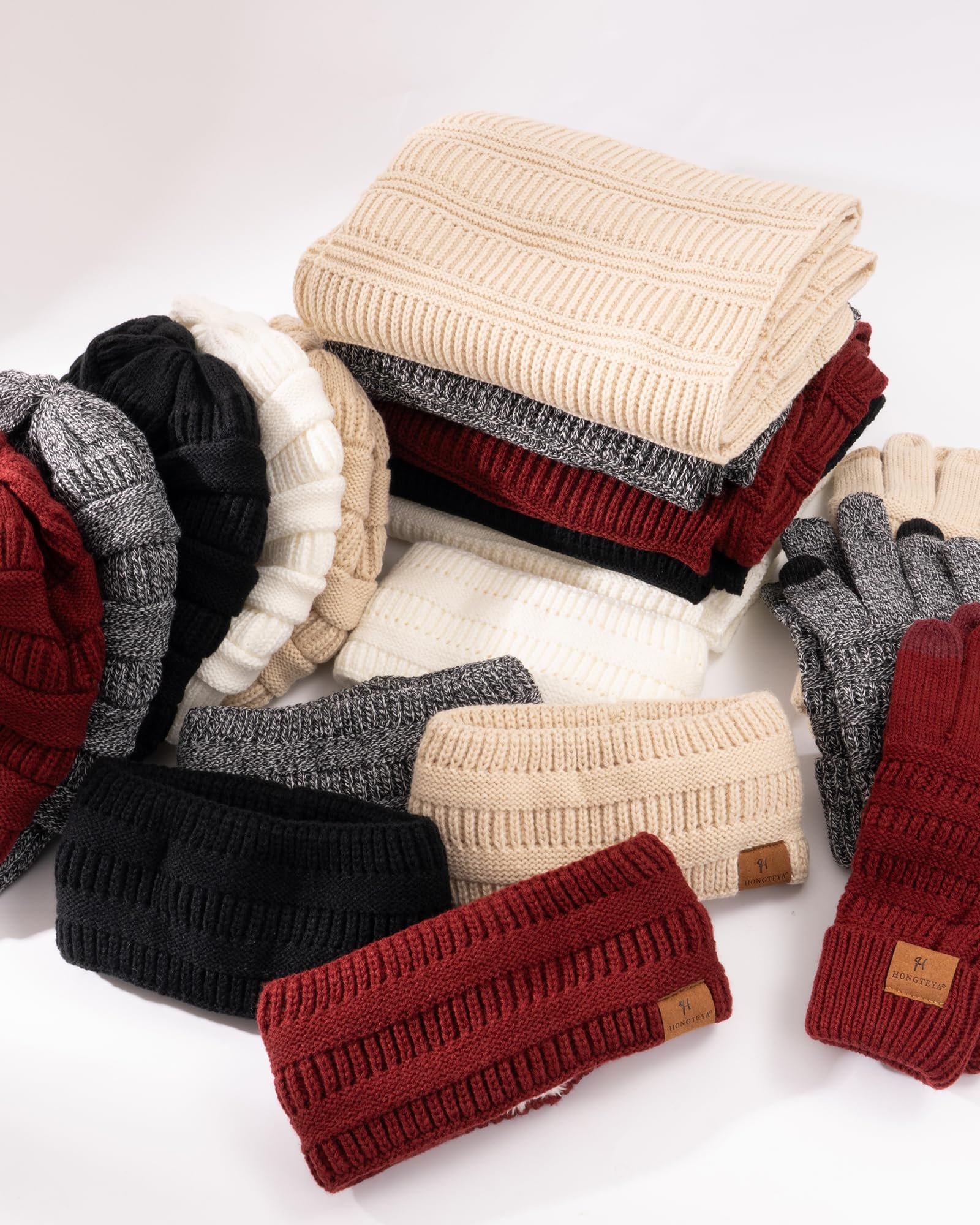 Damen Beanie Schal Handschuhe Stirnband Set Wintermützen Fleece gefüttert Schal Touchscreen Handschuhe Ohrwärmer Strick 4 Geschenk-Set