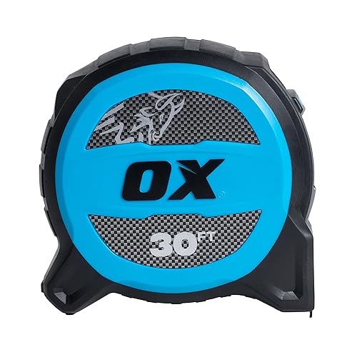 Ox Tools Tuff Blade - Cinta métrica retráctil a prueba de golpes de 30 pies - Hoja con revestimiento de nailon de 1 1/4 pulgadas, construcción de