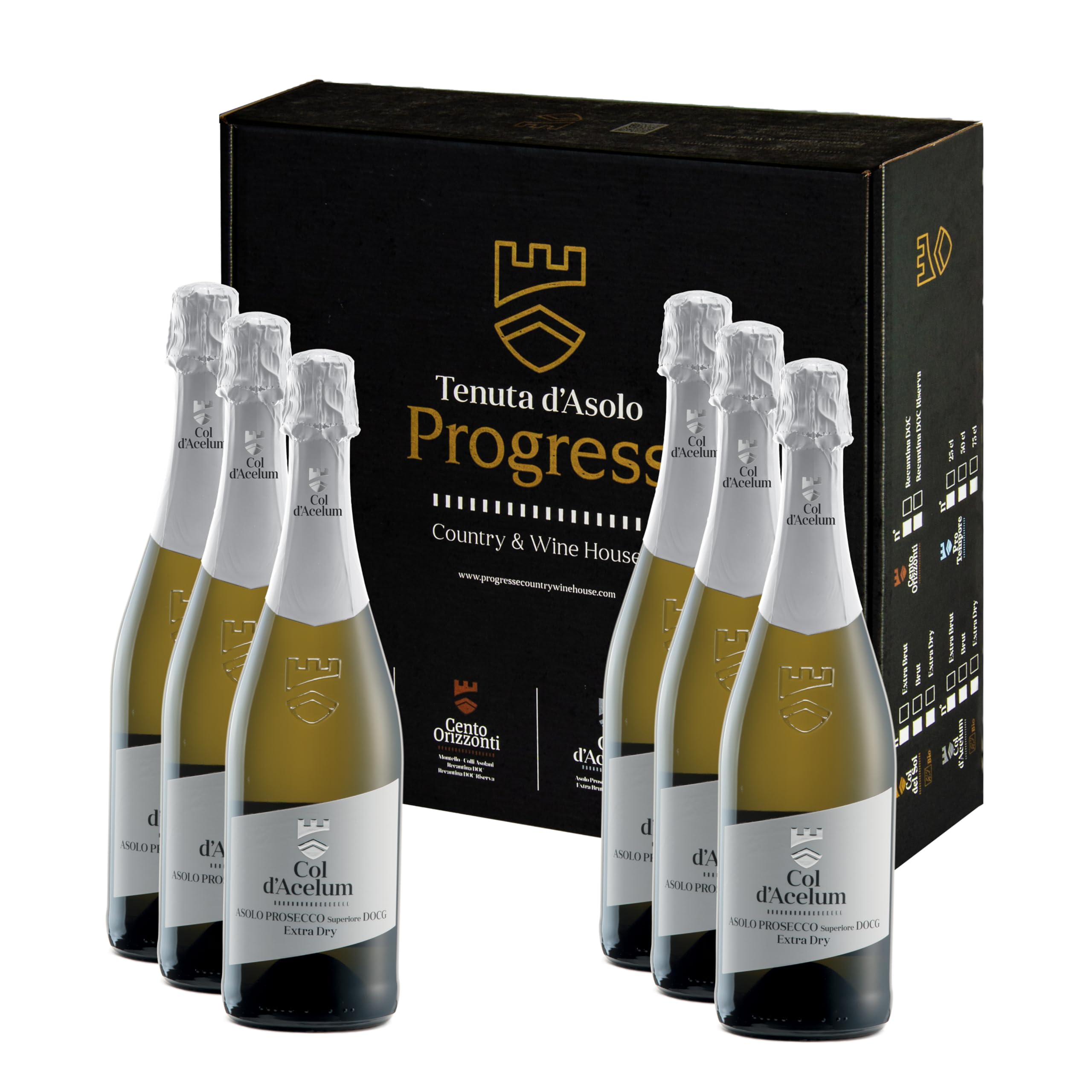 Progress COL D'ACELUM Selezione Degustazione Asolo Prosecco Superiore DOCG Extra Dry, Brut, Extra Brut | Vino Biologico | Cartone Assortito 6 Bottiglie 75cl.