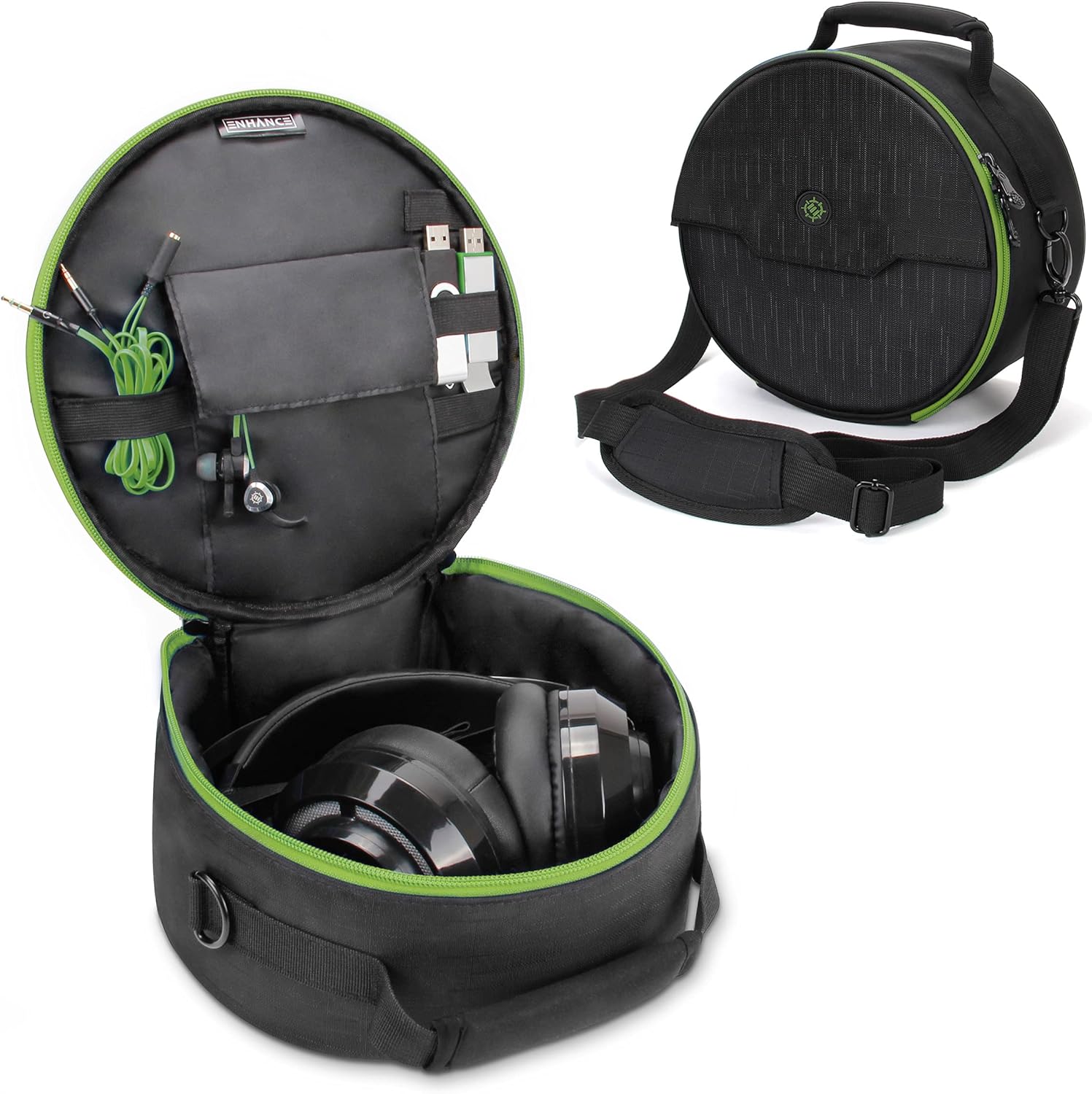 ENHANCE Portable Headphone Case for Wired & Wireless Headsets – Universal Headset Case Compatible with Xbox, Beats, Bose & Gaming Headphones – Accessory Storage, Strap & Carrying Handle – Green