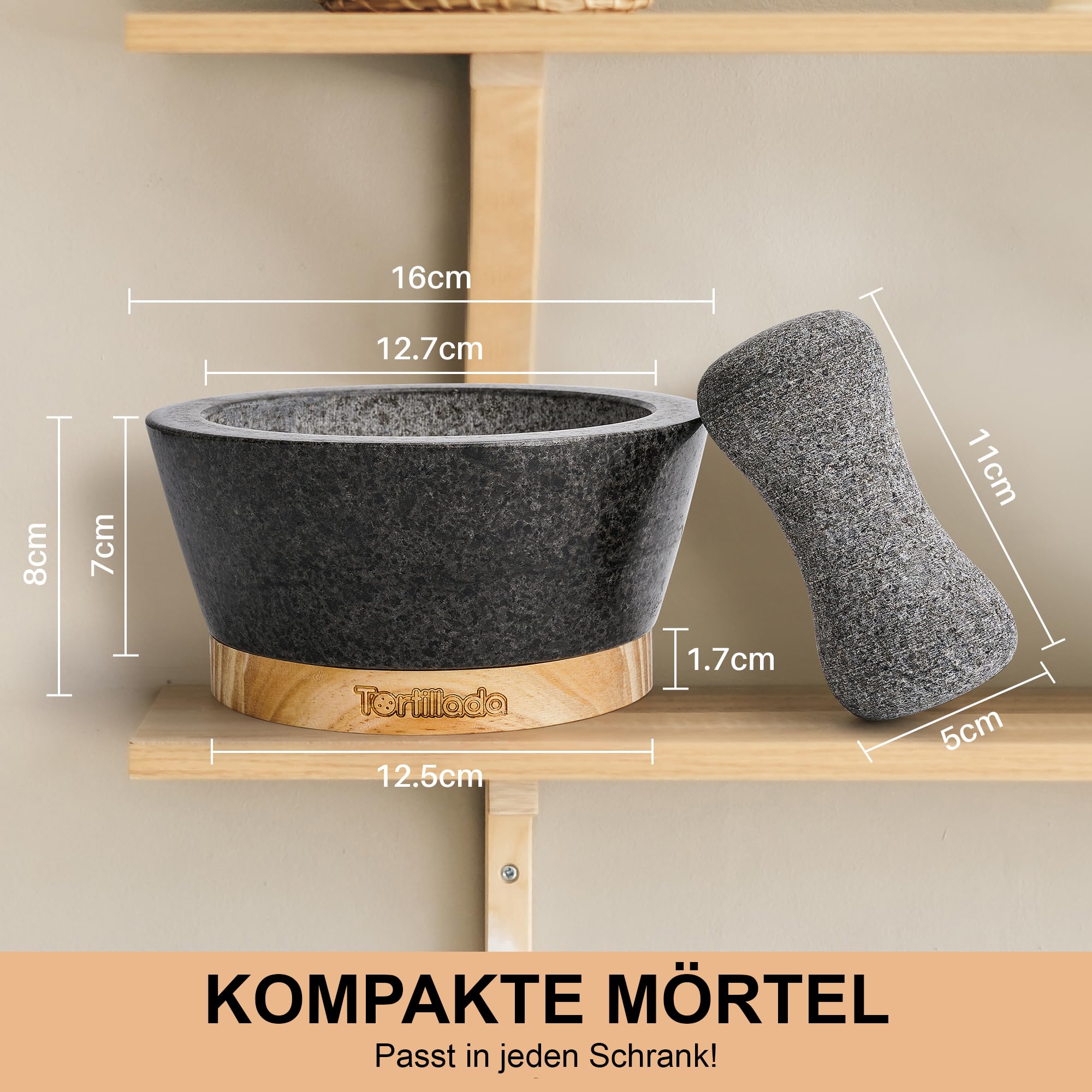 Tortillada - 16 cm XXL Mörser mit Stößel Holz Set groß aus Naturgranit mit kratzfestem Holzsockel Granit - Gewürzmühle geeignet für Gewürze, Nüsse und Kräuter mit 50 Rezepten, schwarz