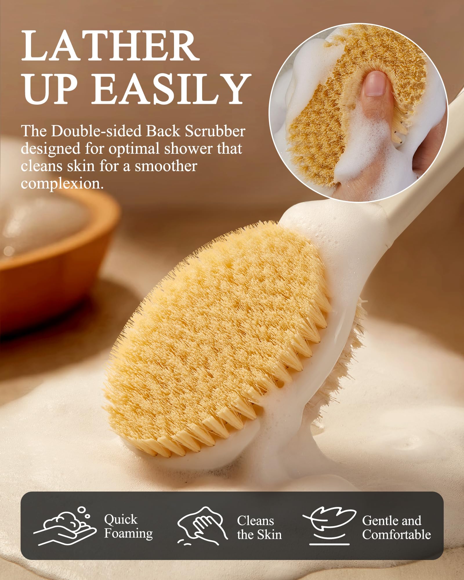 Back Scrubber Body Shower Brush: Massage & Exfoliation Dry Brush Anti Slip 18.1" Long Handle Bath Brush with Stiff and Soft Bristles - Image 4