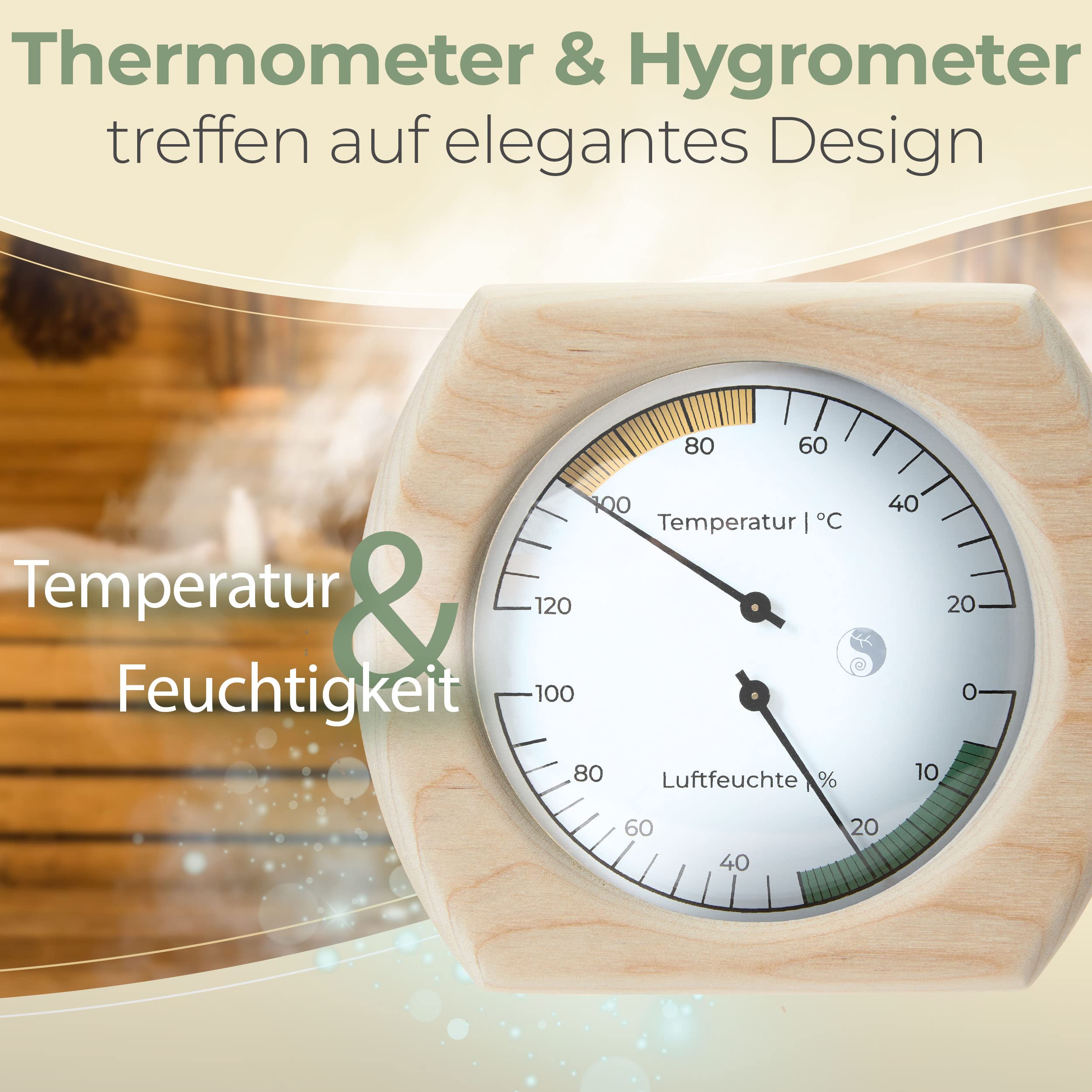 FSC zertifiziertes Sauna Thermometer Hygrometer (justierbar) - TÜV geprüft, hitzebeständig und präzise - hochwertiges Birkenholz - Sauna Zubehör Design: modern - rostfreies Montagematerial