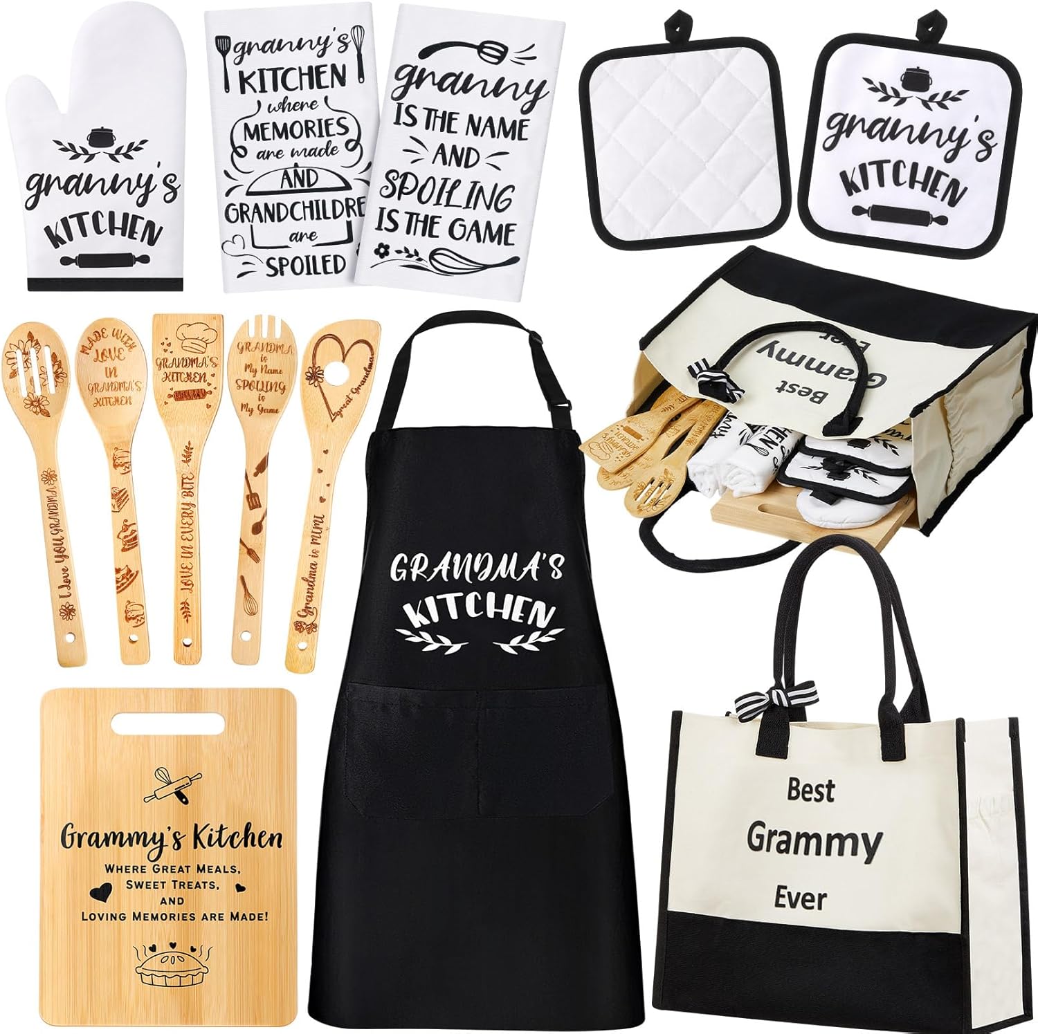 13 Pcs Mother's Day Grammy Kitchen Gifts Set Includes 1 Apron 1 Tote Bag 1 Cutting Board 2 Tea Towels 1 Oven Mitt 2 Pot Holders 5 Bamboo Kitchen Cooking Spatulas for Mothers Day Birthday