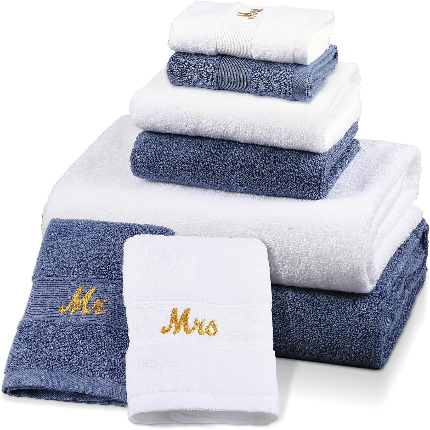 Peryiter 6 Pcs Mr and Mrs Themed Towel Set Honeymoon Gifts for Couples Bride Groom 100% Cotton Travel Bathroom Towel for Valentines Wedding Gift Bridal Shower(Blue and White)