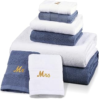 Peryiter 6 Pcs Mr and Mrs Themed Towel Set Honeymoon Gifts for Couples Bride Groom 100% Cotton Travel Bathroom Towel for Valentines Wedding Gift Bridal Shower(Blue and White)