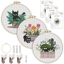 3 Pack Cross Stitch Kits for Beginners,Cute Cat Stamped Cross Stitch Kits for Adults with Embroidery Hoop,Plant Embroidery Kit 11CT Easy Partial Cross-Stitch Arts and DIY Crafts for Adults Home Decor