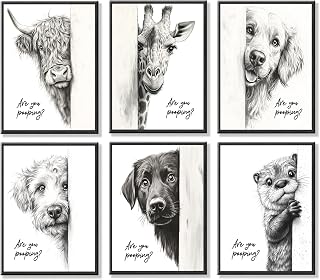 Funny Bathroom Wall Art Set of 6 Black and White Bathroom Posters Unframed | Premium Canvas Prints, Cute Animal Wall Decor, Retro Funny Toilet Art Prints for Wall Decoration, 8x10Inch