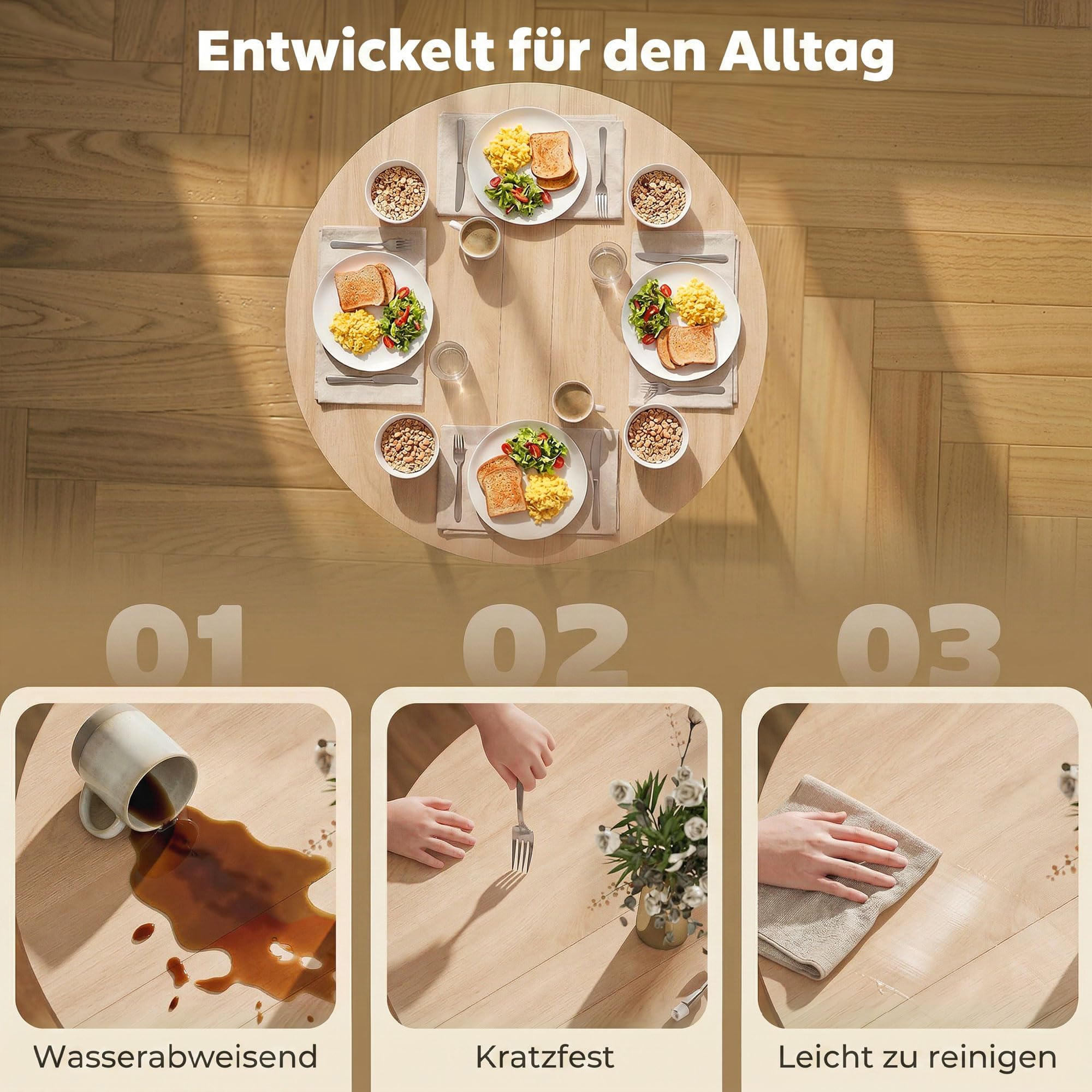 HOMCOM Esstisch Klappbarer Küchentisch für 2-4 Personen, Runder Esszimmertisch mit Stahleinen Klapptisch für Kleine Räume, Esszimmer, Küche, 80 x 80 x 76 cm, Naturholz
