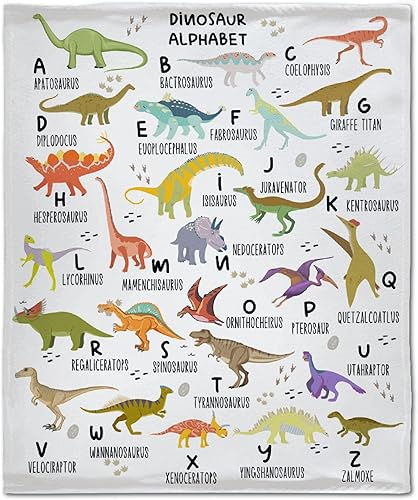 Manta de dinosaurio del alfabeto, regalos de dinosaurio para niñas, niños pequeños, manta de 40 x 50 pulgadas, ligera, suave, cálida y acogedora