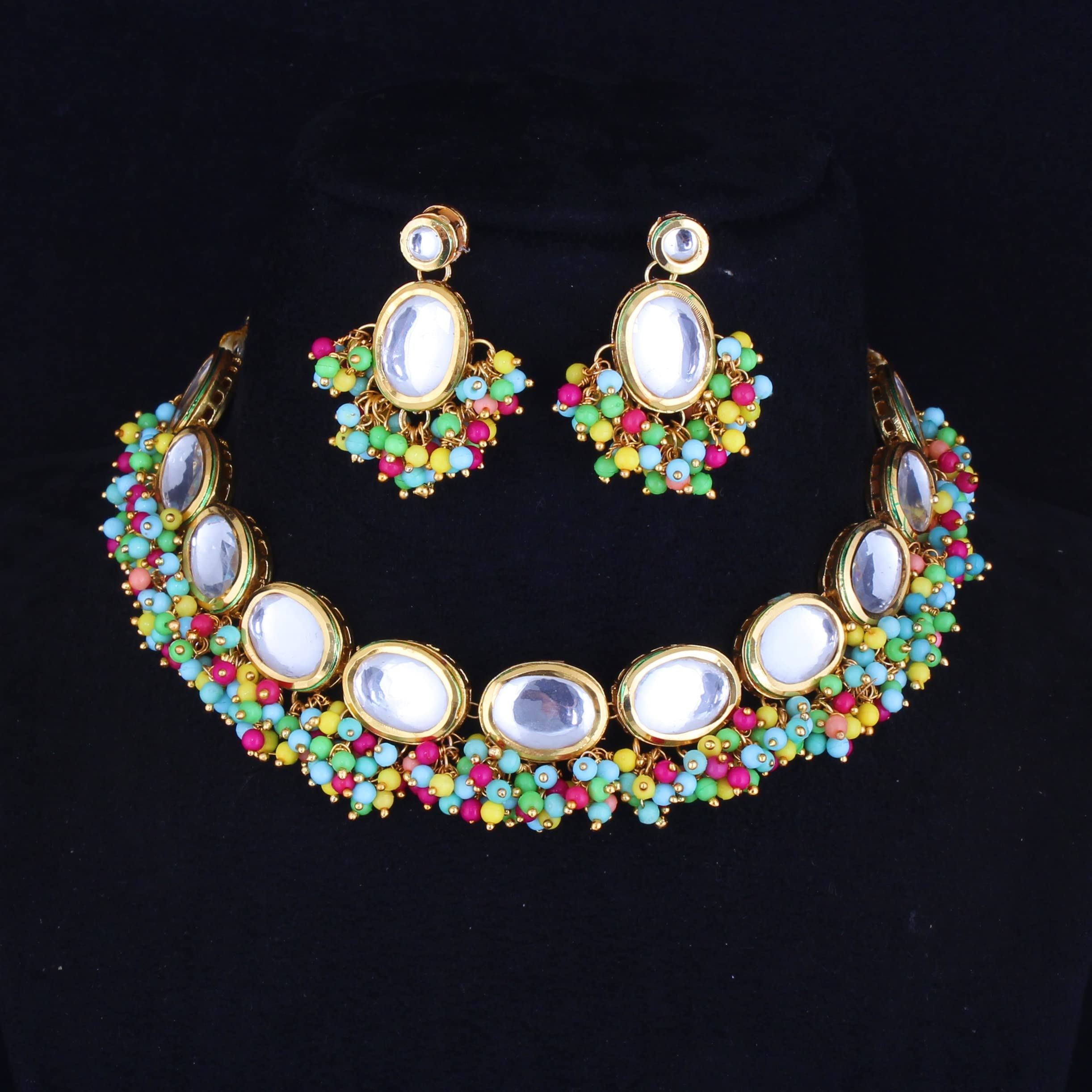 Meenakari Earring & Necklace Set, Uncut Kundan, Dibbi Choker, 18k Plated