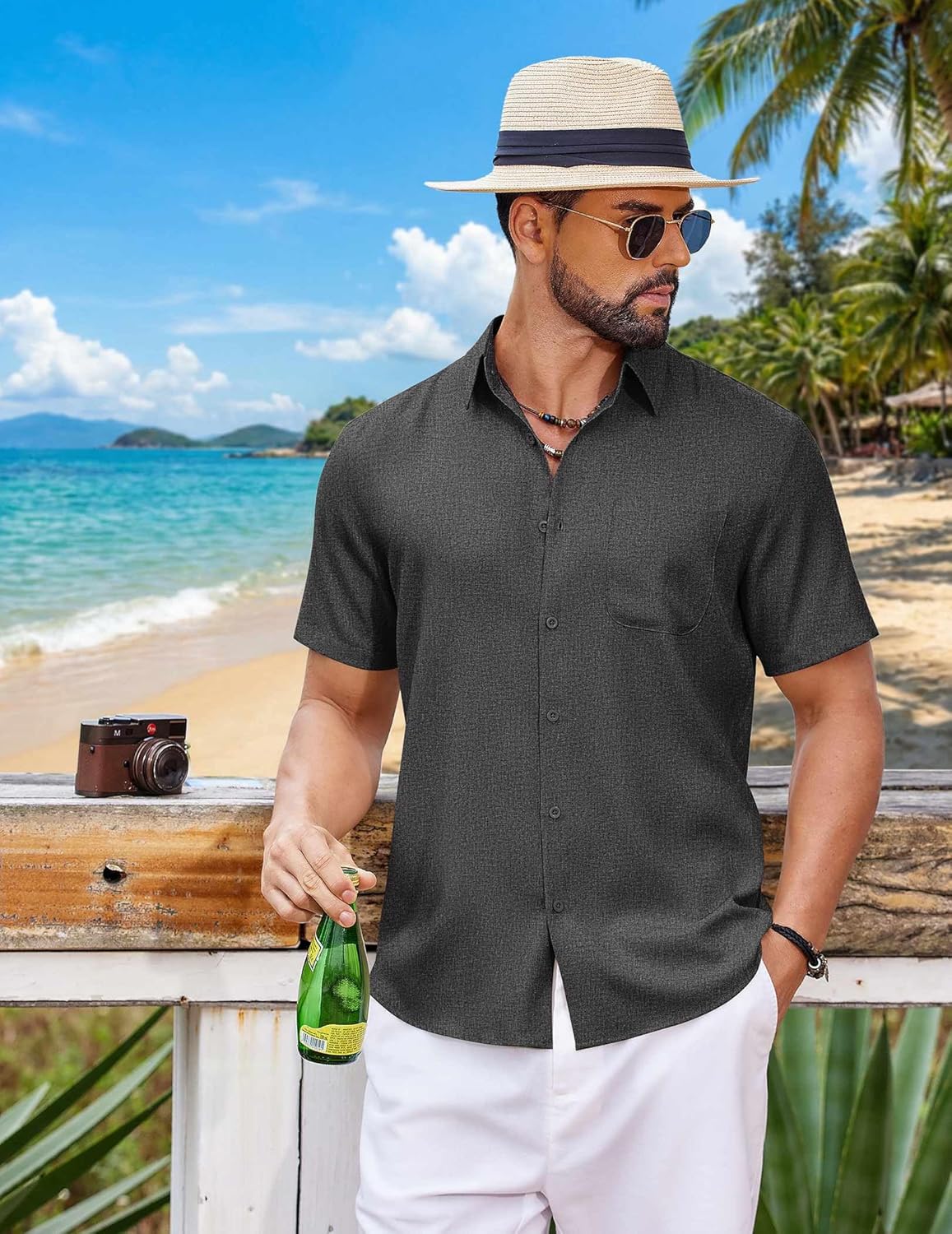 COOFANDY Mens Button Down Shirt Short Sleeve Casual Shirts Summer Beach Wedding Linen Shirt with Pocket - Image 3