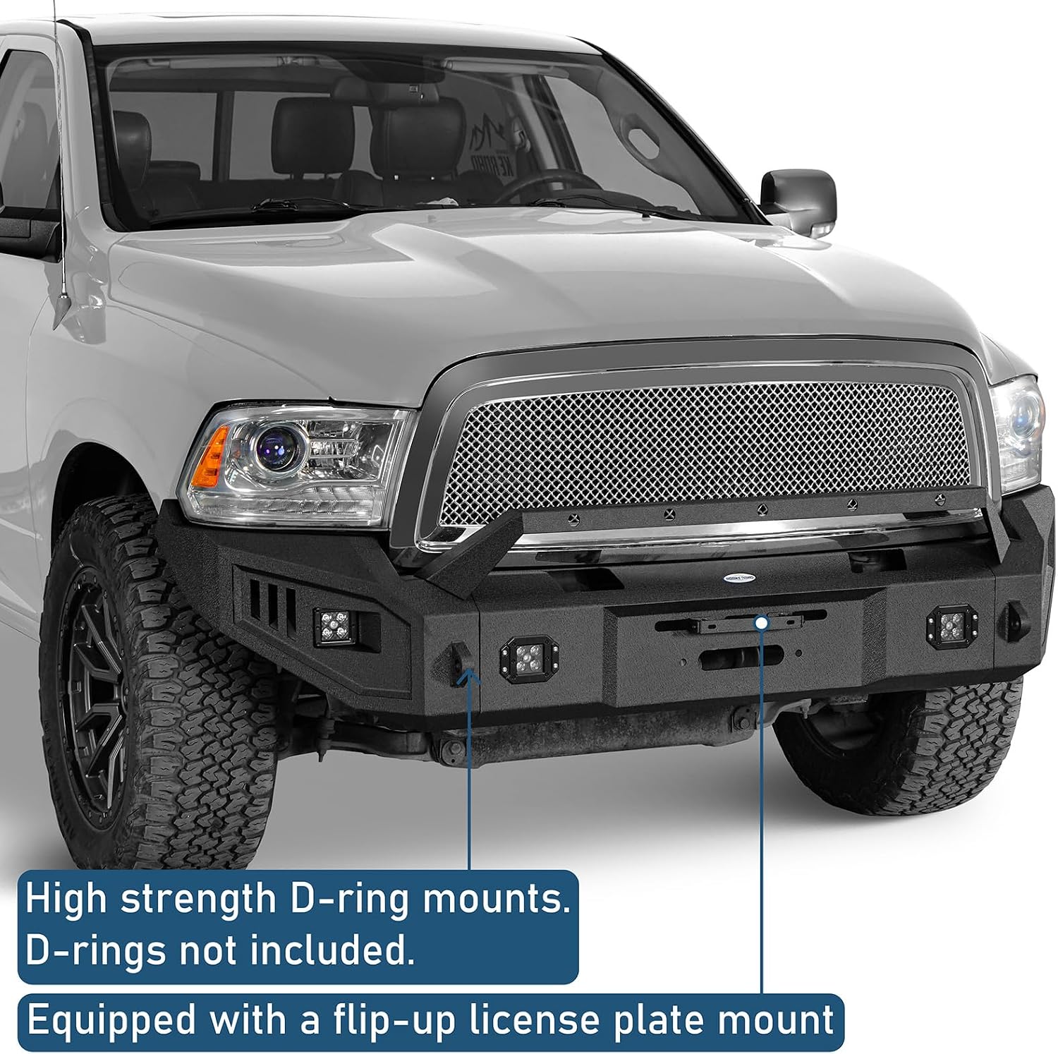 u-Box 2012 Ram 1500 Front Bumper w/Winch Plate for Dodge Ram 1500 Truck 2009-2012 Offroad Full Width Steel Bumper w/LED Lights & License Plate Mount