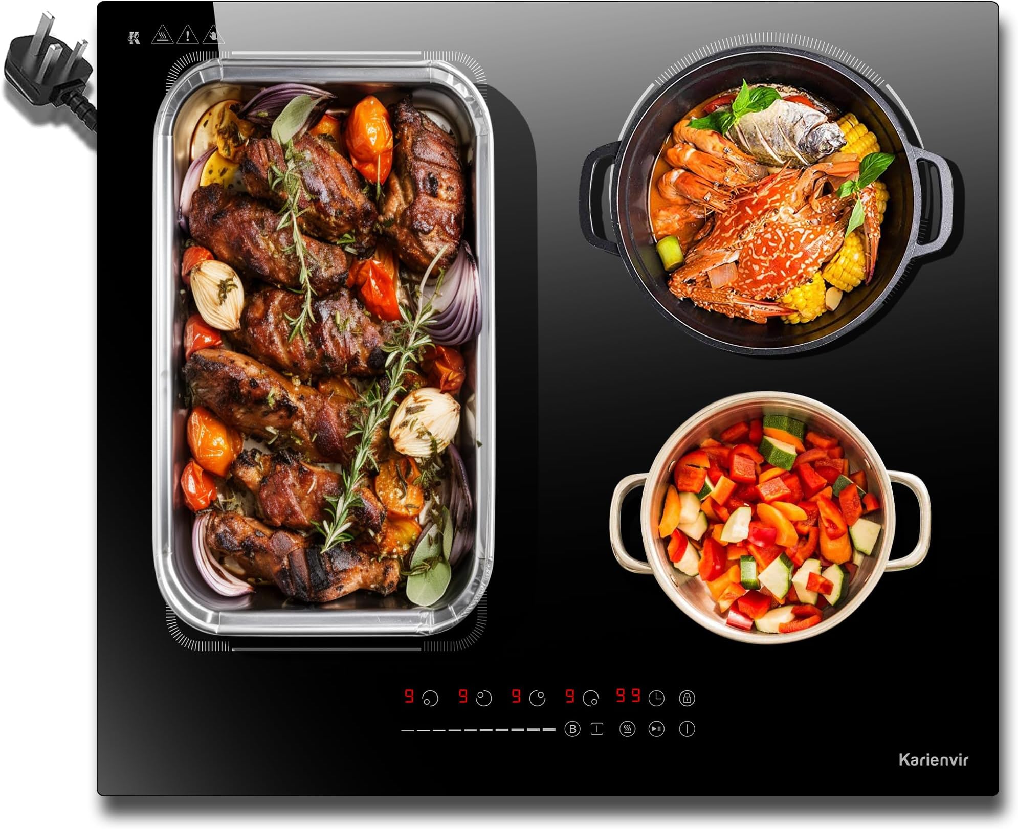 Induction Hob 13 Amp Plug in, Electric Hob 60cm, 4 Zone Induction Cooktop 2800W, Extended Zone Induction Hob with Keep Warm, Safety Lock, Pause, 99Mins Timer, Boost