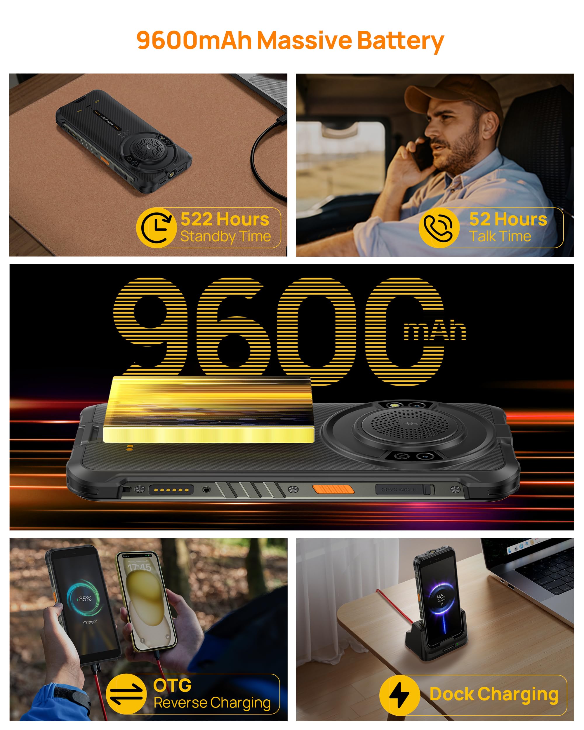 Ulefone 4G Rugged Phone, RugKing Unlocked Smartphone, Android 15, 16+256GB, 50MP+2MP+8MP Camera, 9600mAh, 126dB Speaker, 5.99” Screen, 3-Card Slot, NFC/GPS, Dual LTE