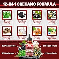 Vista 3 de Aceite de orégano 12 en 1 con aceite de semilla negra, gotas líquidas con saúco, hoja de olivo, raíz de malvavisco, ajo, cúrcuma, jengibre, menta
