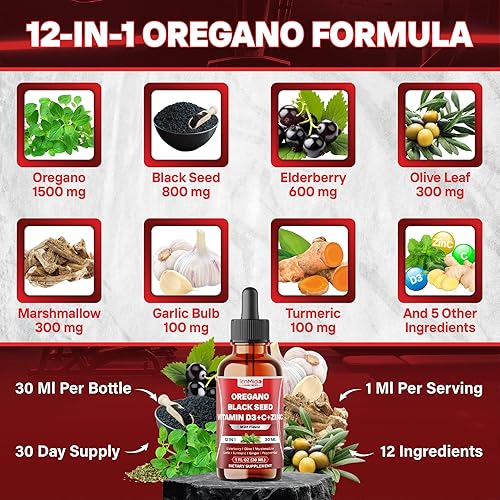 Miniatura 3 de Aceite de orégano 12 en 1 con aceite de semilla negra, gotas líquidas con saúco, hoja de olivo, raíz de malvavisco, ajo, cúrcuma, jengibre, menta,