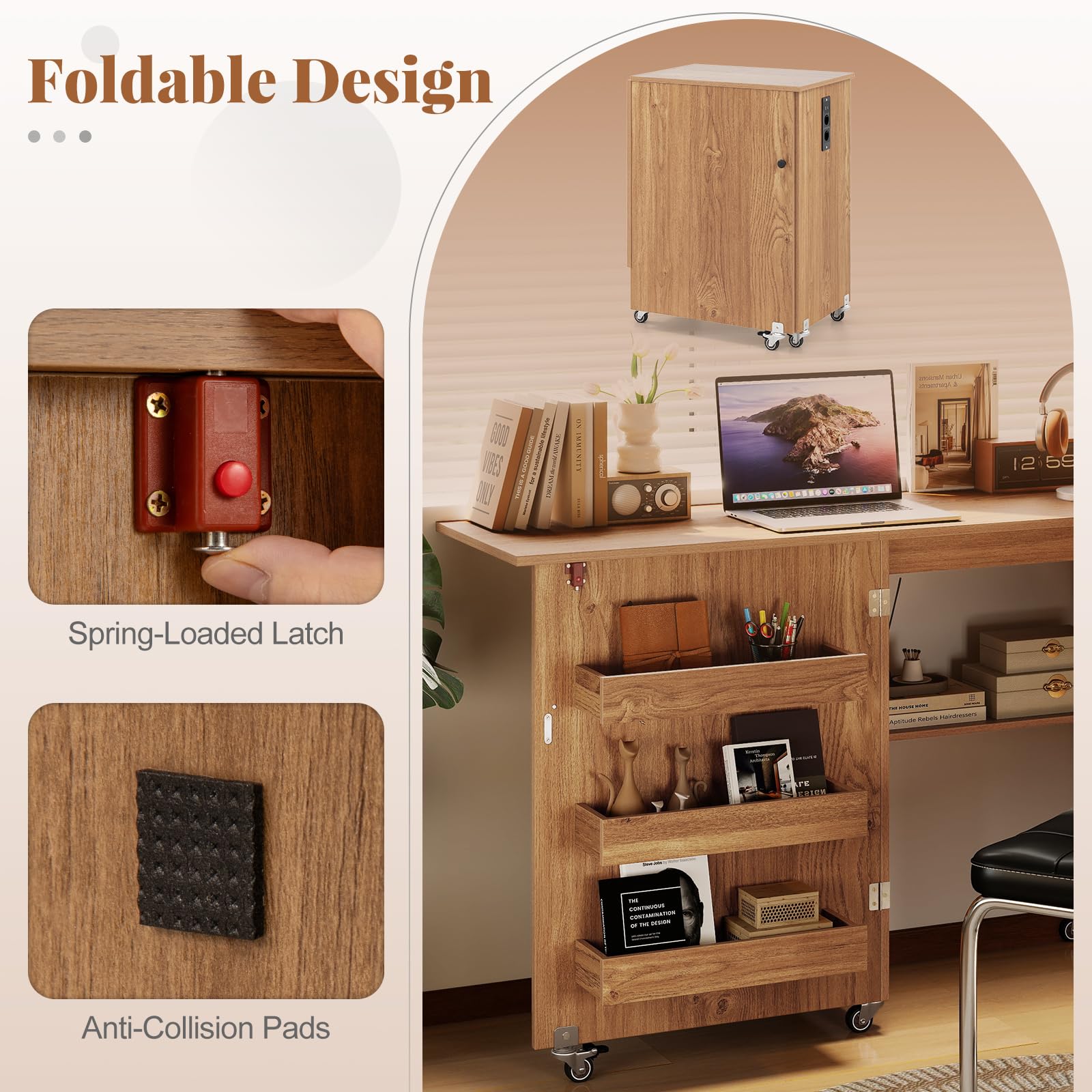 FANTASK Table à Coudre Pliable 2 en 1 avec Station de Charge, étagères et Roues verrouillables, Table de Couture en Bois, Station de Bricolage Polyvalente pour Salon, Chambre à Coucher (Naturel)
