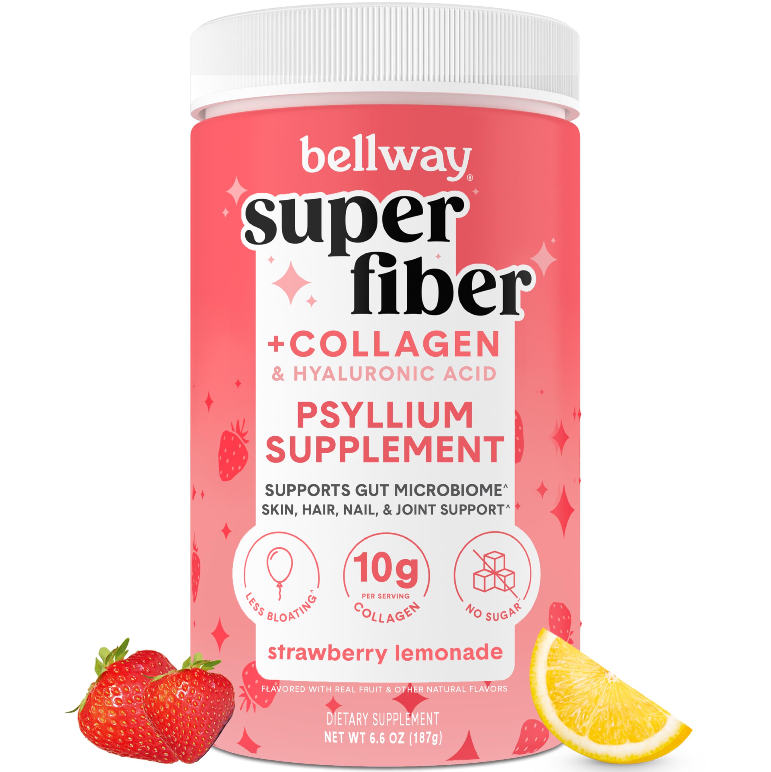 Bellway Super Fiber Powder + Collagen, Sugar-Free Psyllium Husk Powder with Collagen Peptides and Hyaluronic Acid for Gut Health, Healthy Skin, Nails, Bones & Joints, Strawberry Lemonade (11 Servings)