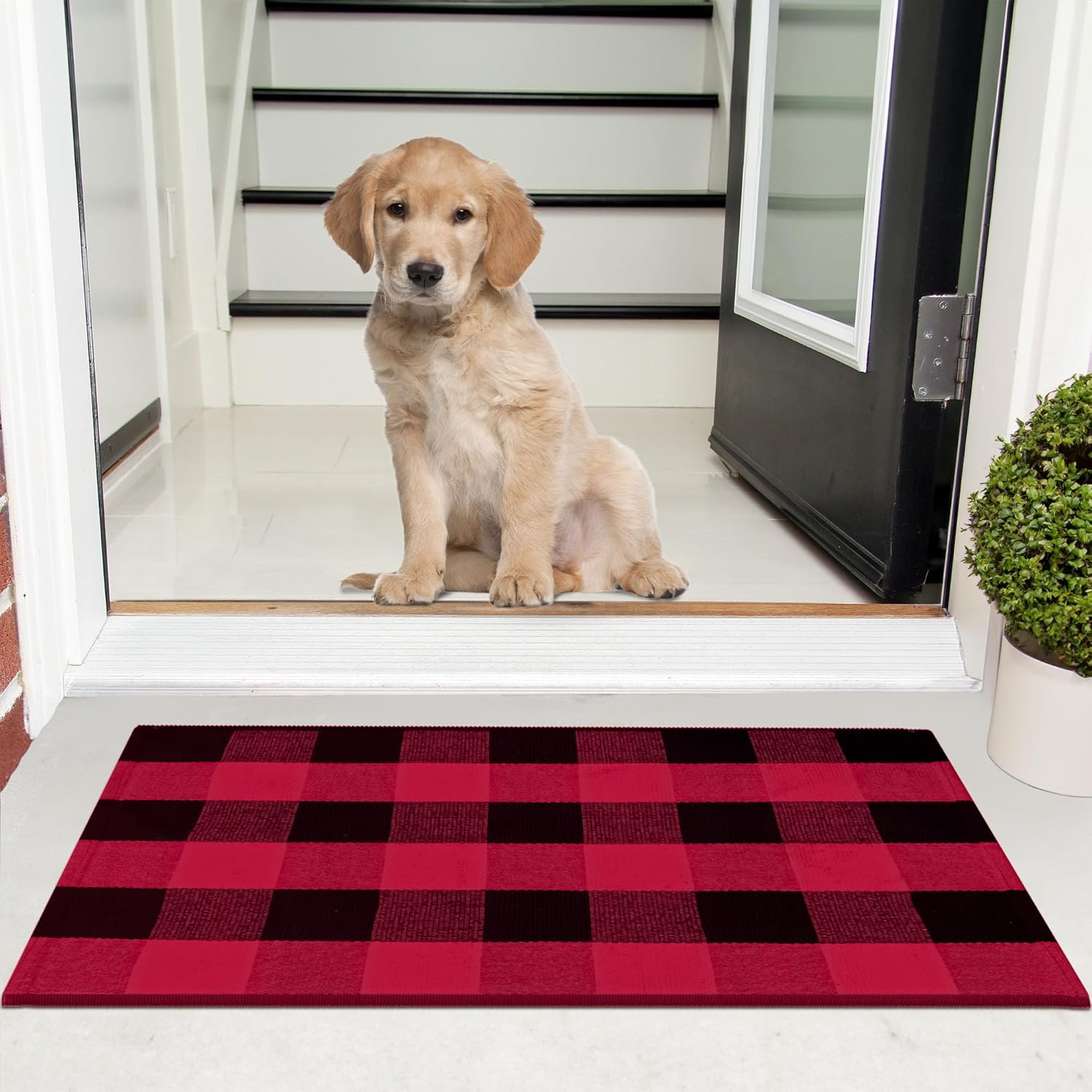 Red and Black Buffalo Plaid Outdoor Rug 24x36 Cotton Buffalo Plaid Rug for