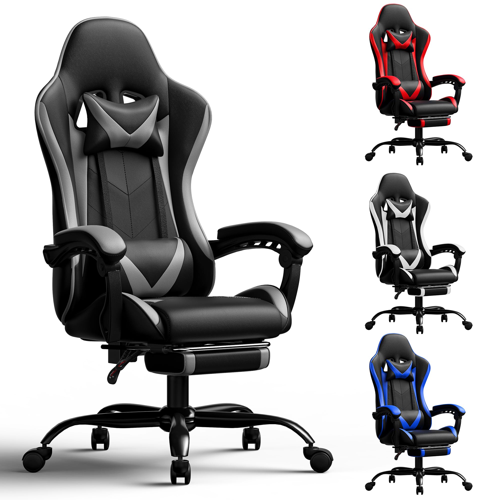 Gaming Chair, Ergonomic Computer Chair with Footrest Lumbar Support, Grey