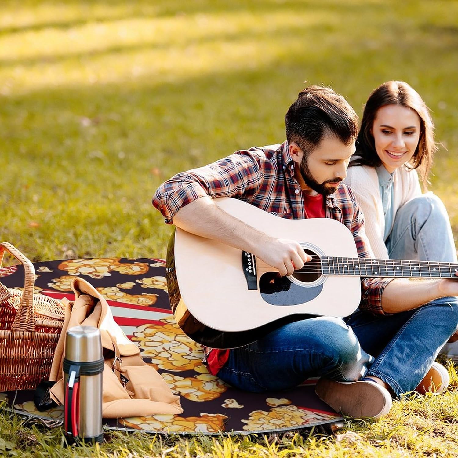 Popcorn Print Picnic Mat Lightweight Waterproof Picnic Blankets Extra Large Picnic Outdoor Blankets Foldable Sandproof Beach Blanket for Park Beach Camping Courtyard 58.3''x58.3''
