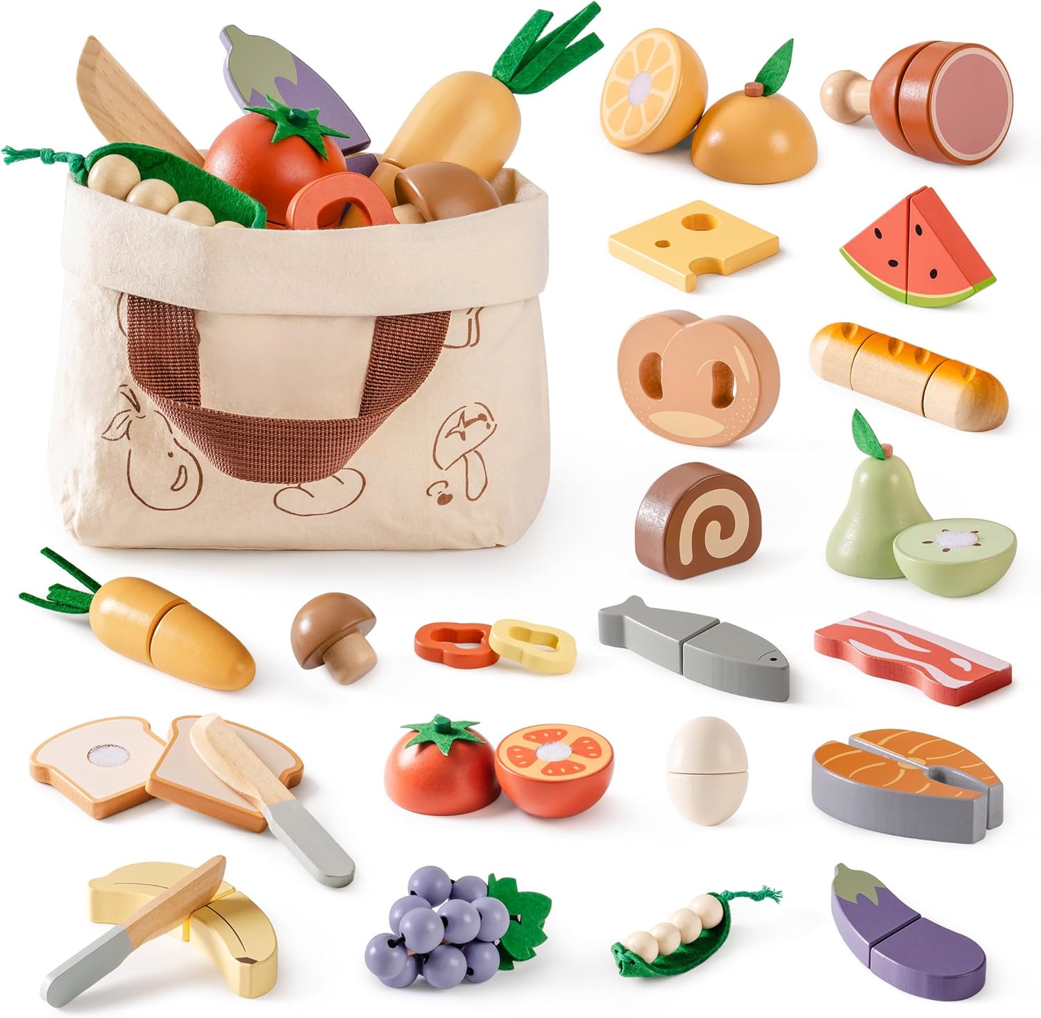 ROBOTIME Wooden Play Food 4-in-1 Cutting Set, Pretend Play Toy Food for Play Kitchen with Shopping Bag – Kids Kitchen Accessories, Wooden Play Food for Boys & Girls