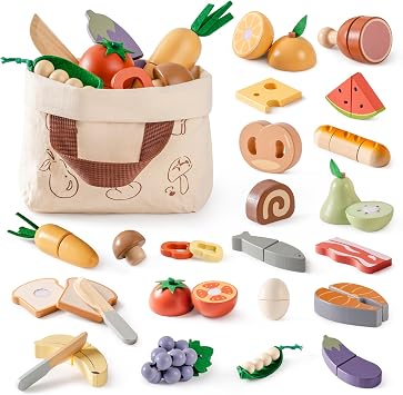 ROBOTIME Wooden Play Food 4-in-1 Cutting Set, Pretend Play Toy Food for Play Kitchen with Shopping Bag Kids Kitchen Accessories, Wooden Play Food for Boys & Girls