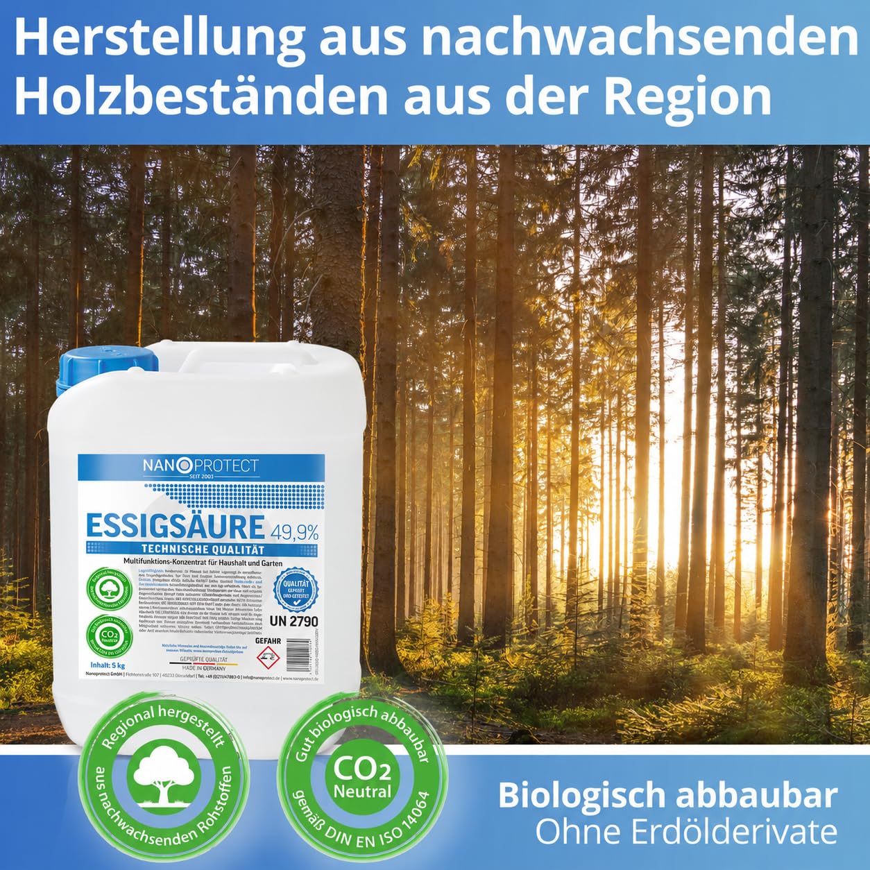 Nanoprotect Essigsäure 49,9% Klimaneutral - 20 kg | Ideal als Reiniger und Entkalker | Für Haus und Garten | Premium Qualität – Made in Germany