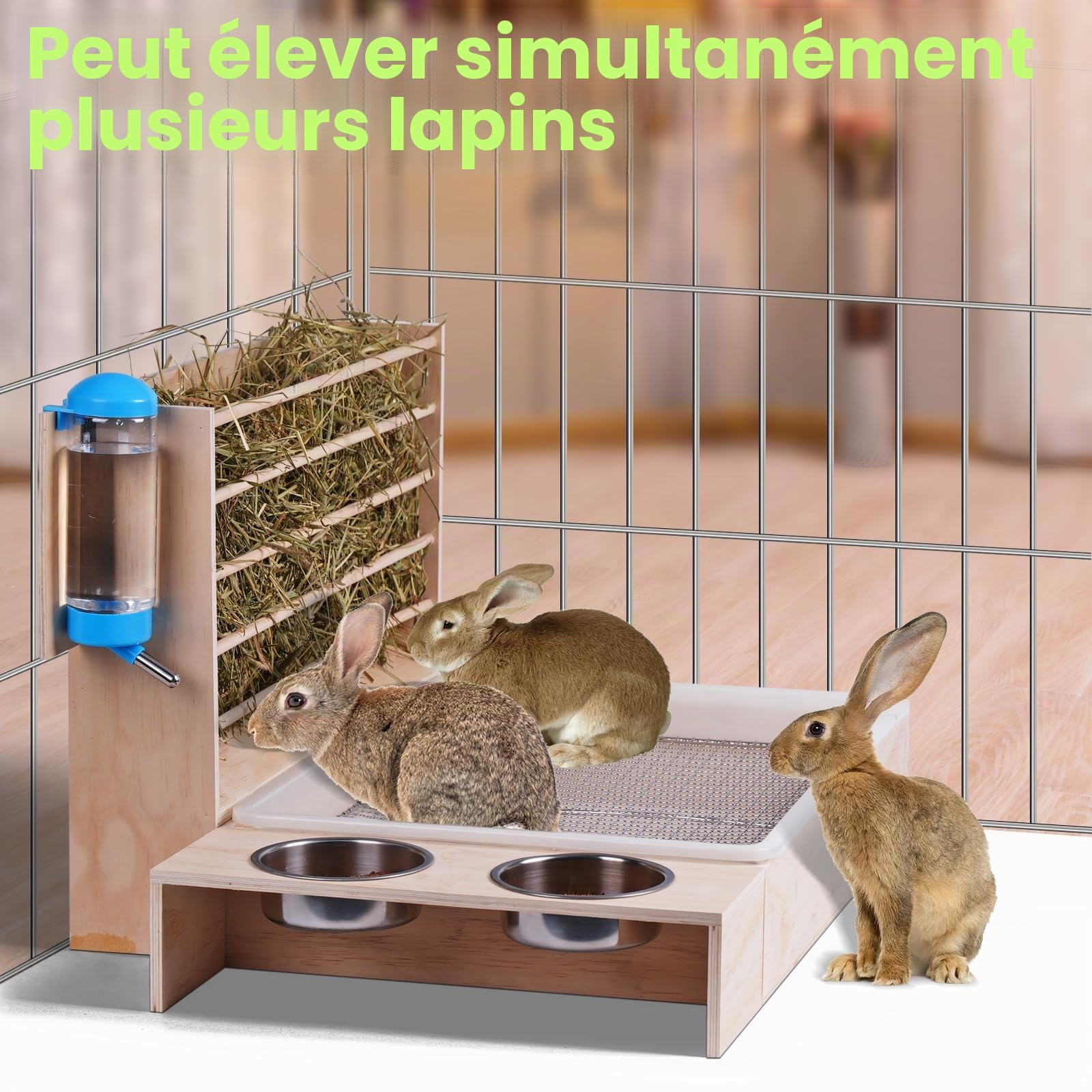 Grand râtelier à foin 4 en 1 - En bois - Distributeur de nourriture pour lapins - Avec bac à litière pour chat - Bouteille d'eau - Distributeur de nourriture pour hamster - Distributeur