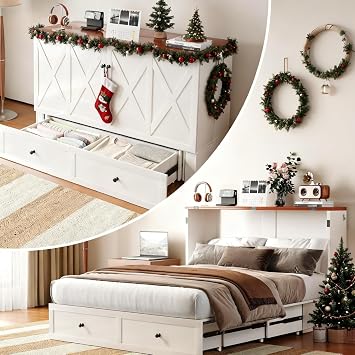 PUREMIND Murphy Bed Full with Mattress, Hideaway Cabinet Bed Frame with Storage Drawers, USB Charging Ports - Space Saving Chest beds for Guest Room