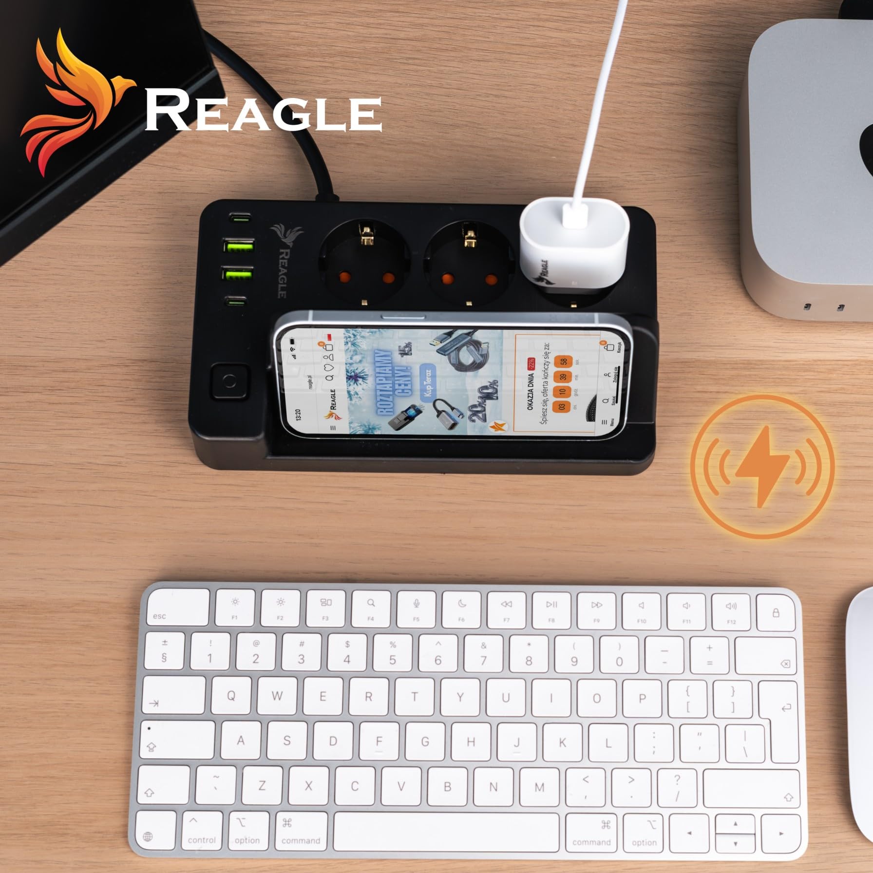 Reagle Listwa zasilająca z 4 portami USB, 3 gniazda, 230 V, z przełącznikiem Save Energy, oszczędzająca energię, do domowego biura z ochroną przed przepięciem 3 m