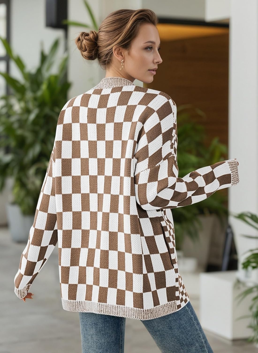 Pink Queen 2026 Checkered Cardigan Sweaters for Women Casual Long Sleeve Plaid Knit Outwear Coats with Pockets - Image 6