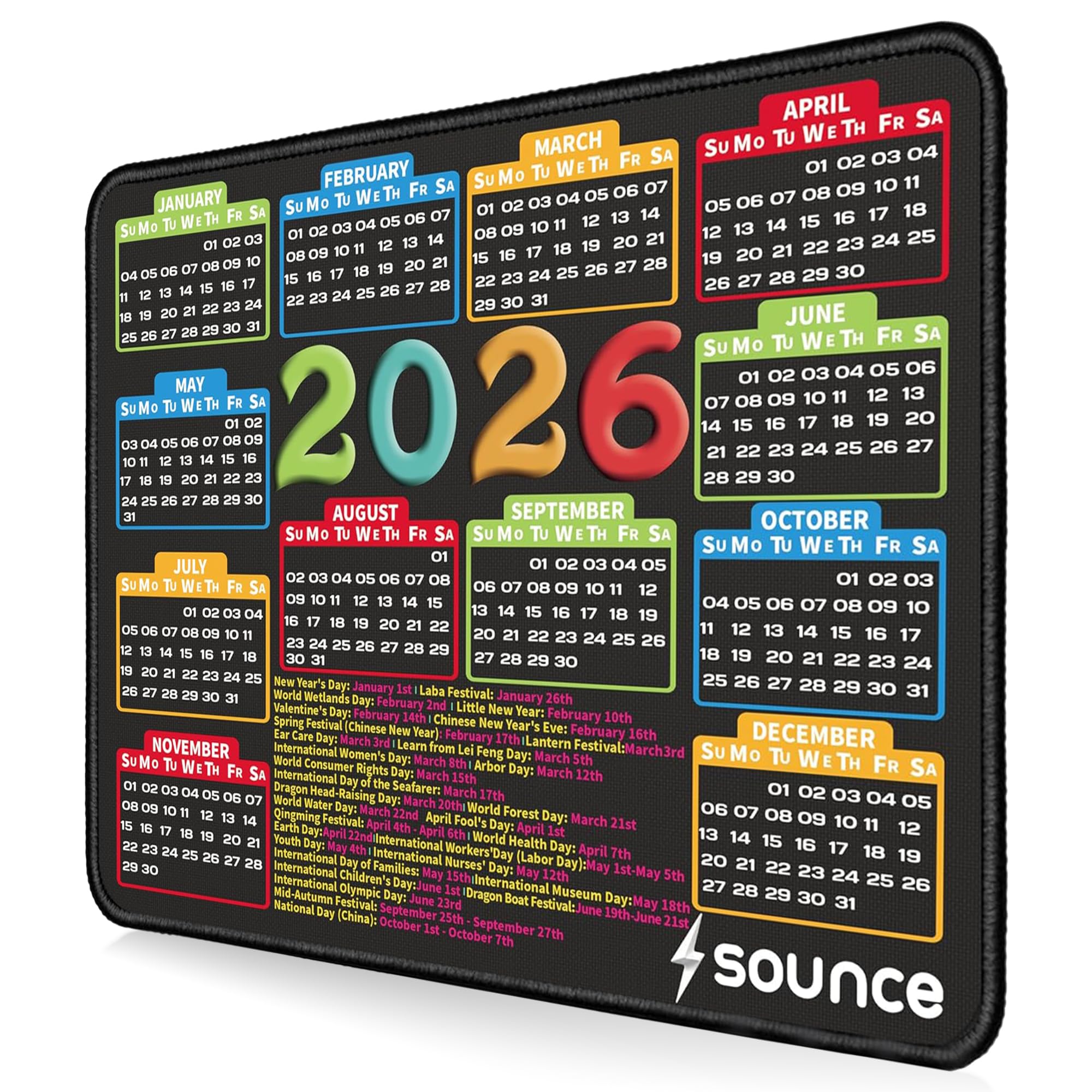 Sounce Mouse Pad 9.6x7.9x0.1 inch, Ultra-Smooth Tracking Surface for PC & Laptop, Durable Stitched Edges, Non-Slip Rubber Base, Washable Computer Mat, Anti-Fraying Design (2026 Calendar) Black