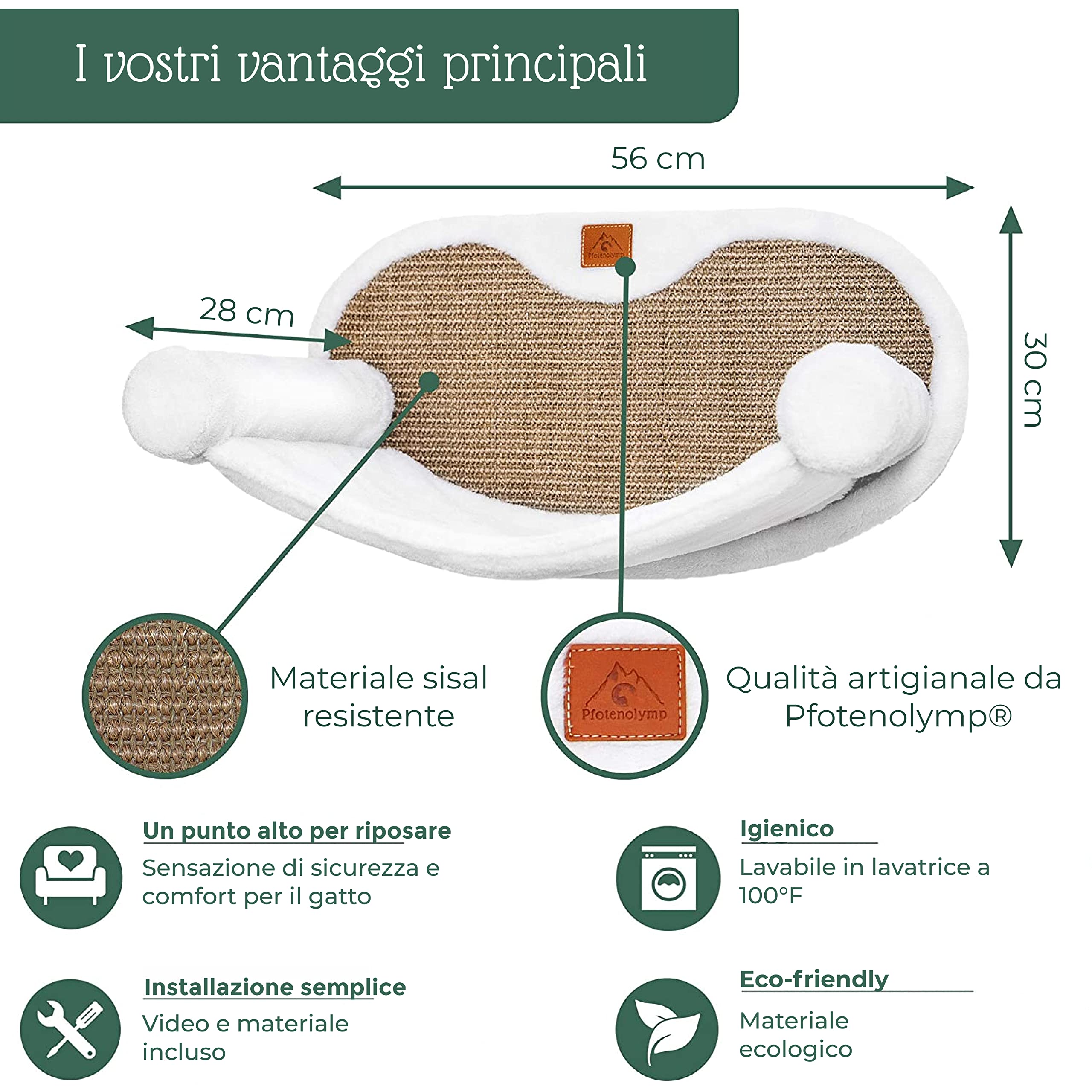 Pfotenolymp® Amaca per gatti fino a 10 kg, set completo, montaggio a parete