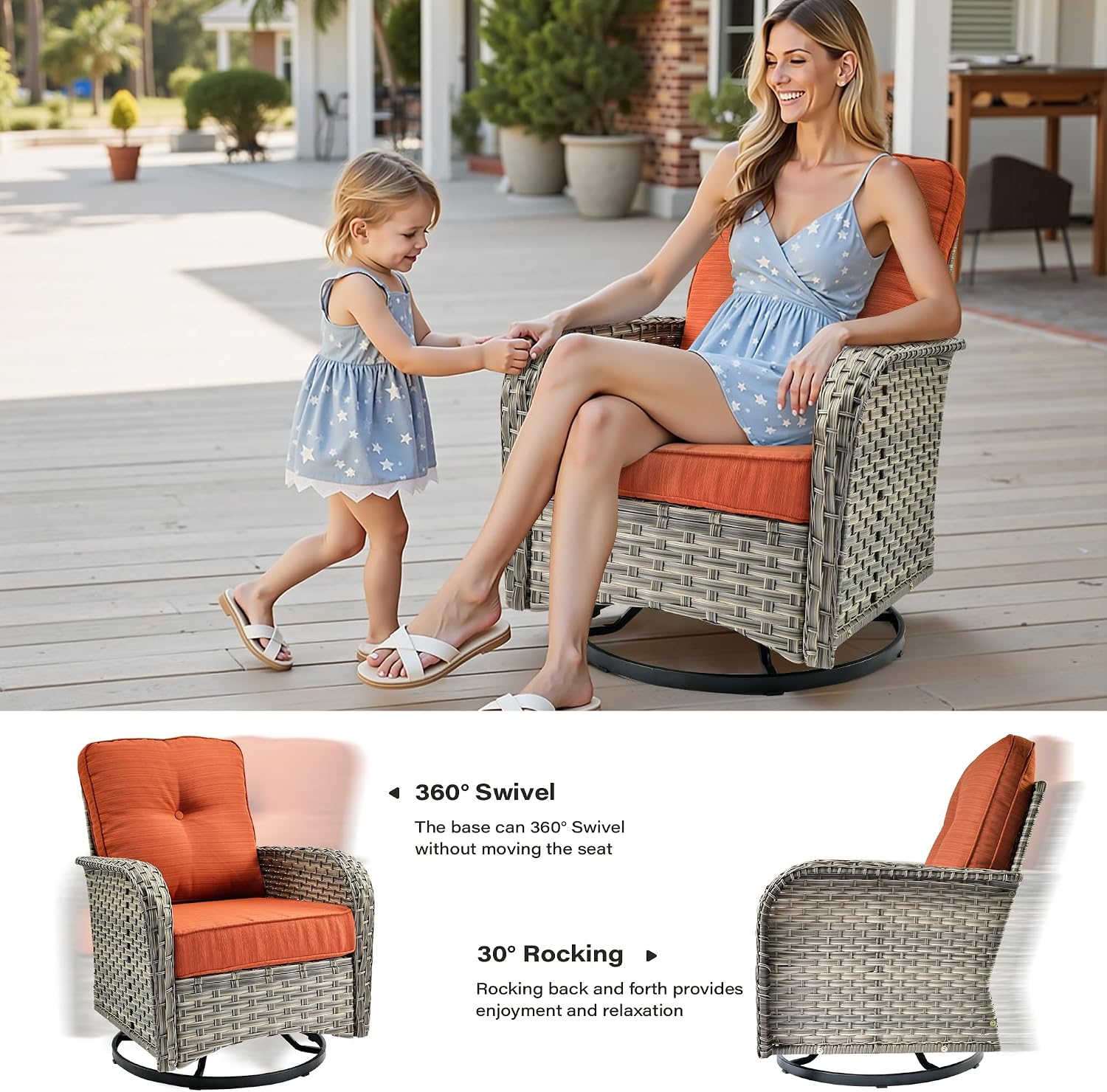 11 Pieces Outdoor Sectional Patio Furniture Set with 54" Fire Pit,Wicker Conversation Sets Rattan L Shaped Couch Swivel Rocking Chairs,Modular Outdoor Sofa for Porch Balcony Backyard Orange