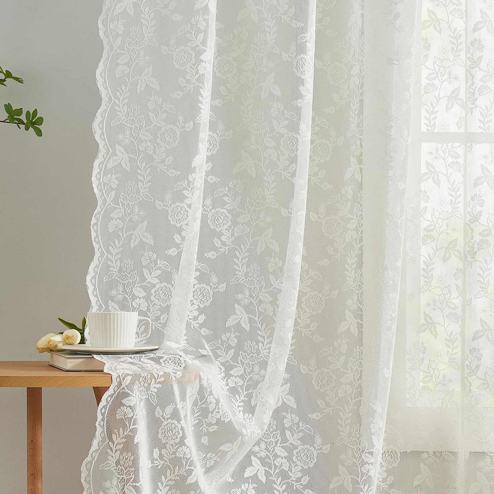 FINECITY Lace Curtains 84 Inches Long - Rustic Branch Leaf Floral Patterned Ivory Sheer Lace Curtains for Living Room, Scalloped Macrame Country Sheer